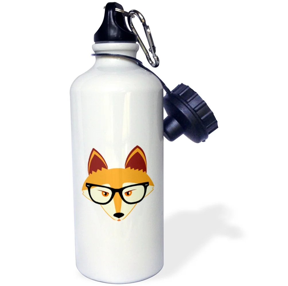 3dRose Cute Hipster Red Fox with Glasses, Sports Water Bottle, 21oz