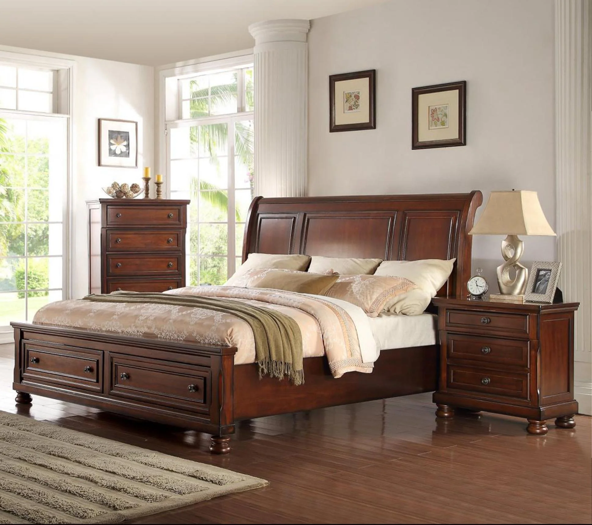 Cherry Wood Cal King Storage Bedroom Set 5P McFerran B608-EK Classic Traditional