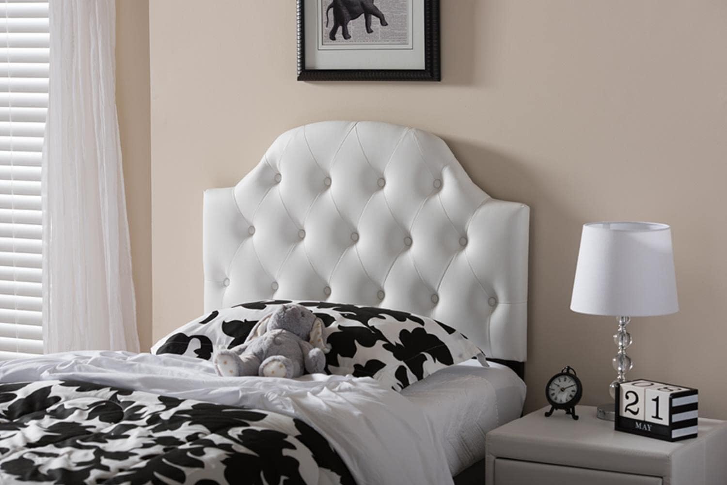 Modern And Contemporary White Faux Leather Upholstered Button-Tufted Scalloped Size Headboard