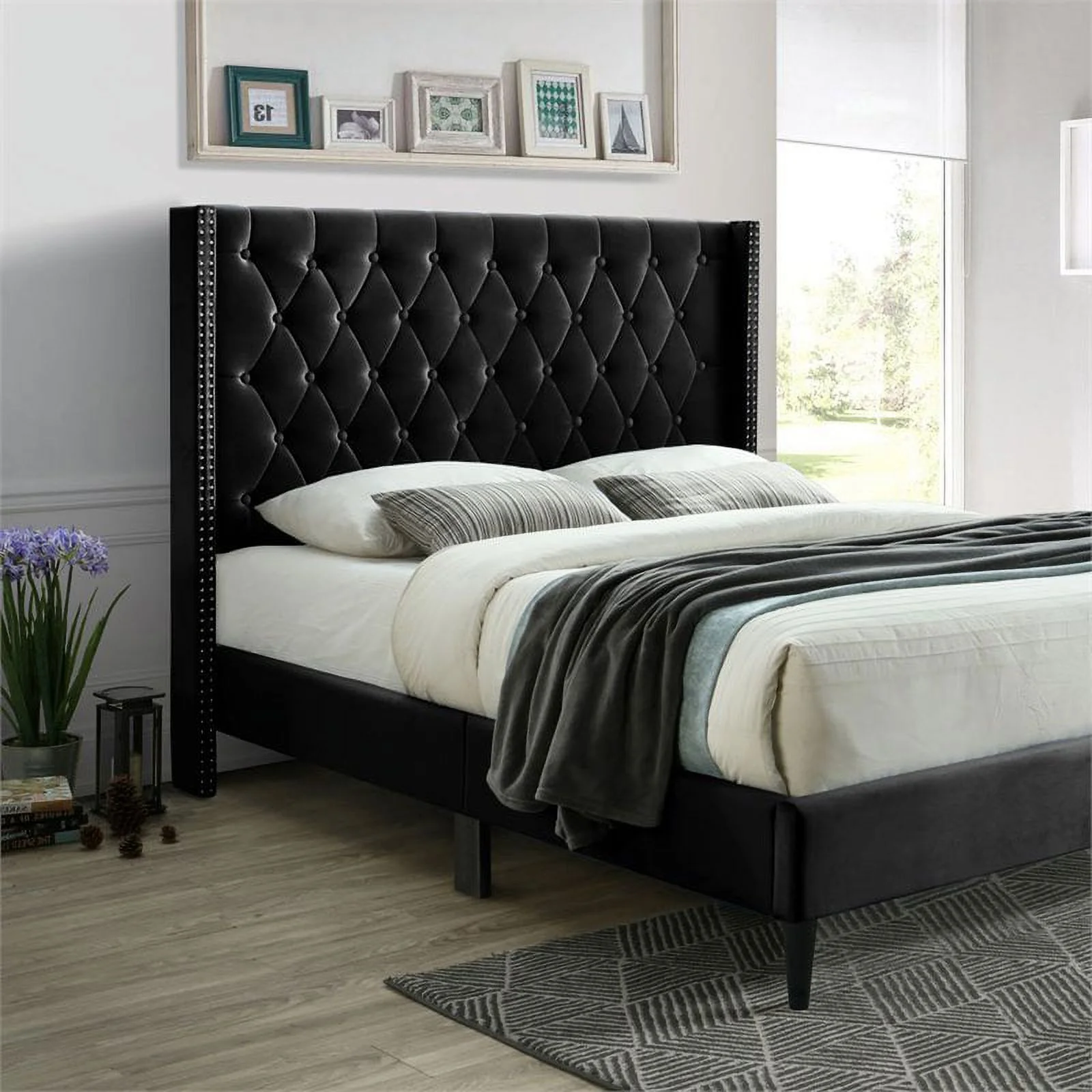 Home Square 2-Piece Set with Tufted Queen Bed & 5-Drawer Tall Chest Wardrobe