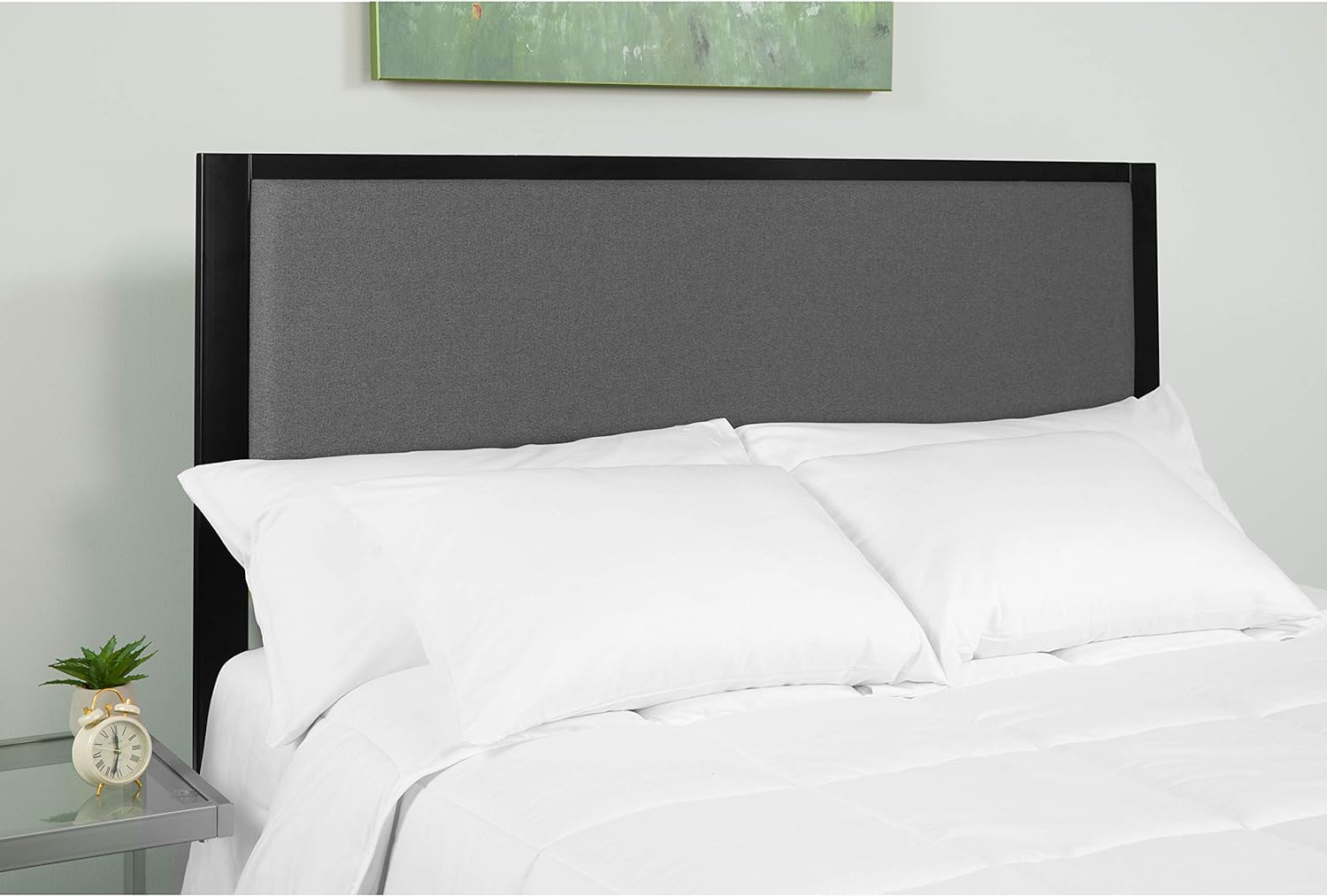 queen size upholstered metal panel headboard in dark gray fabric