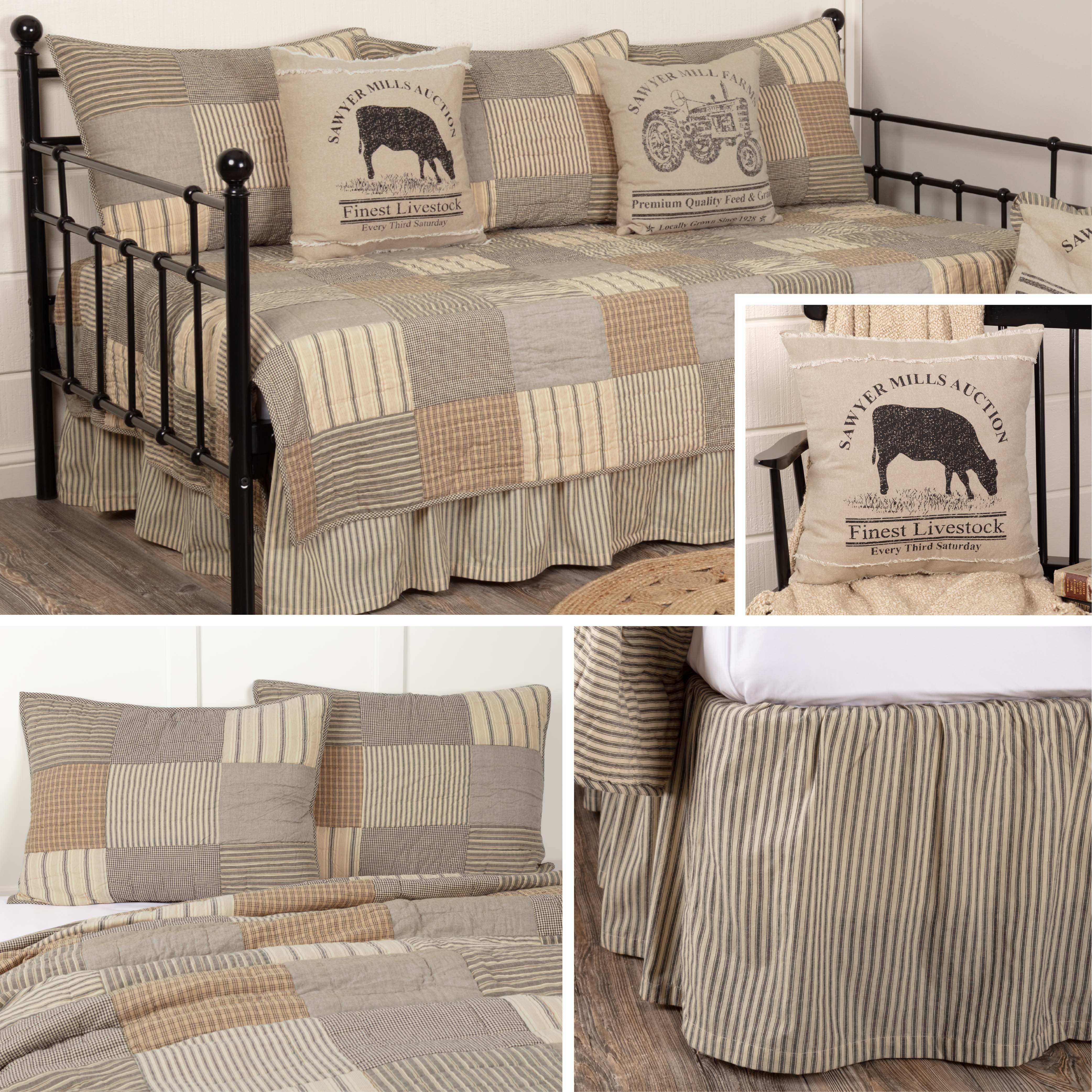 AMAZON Sawyer Mill Daybed Farmhouse Quilt Set Patchwork, Charcoal, 6 Piece Set, Quilt+Shams+Skirt+Cow Pillow 18x18