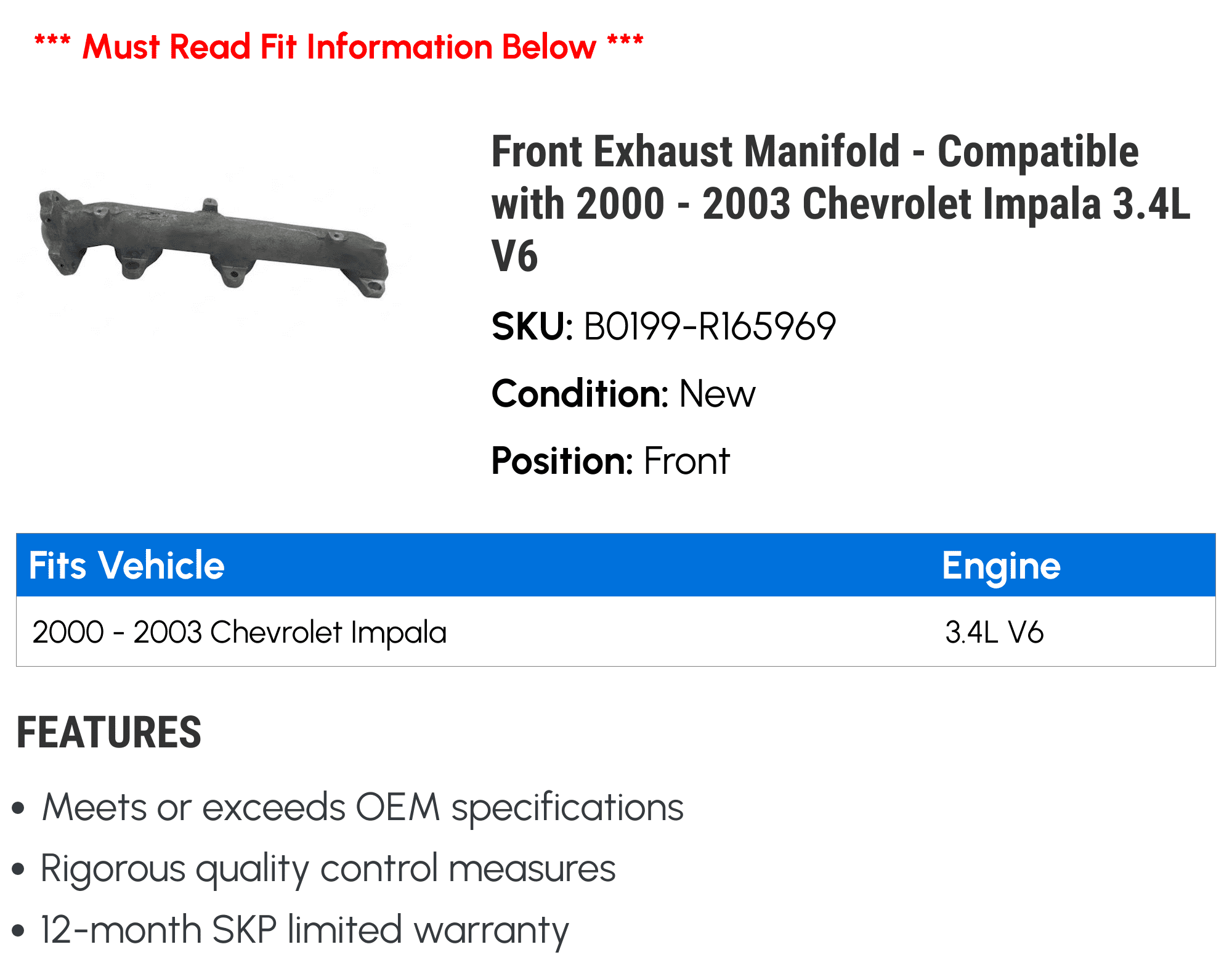Front Exhaust Manifold - Compatible with 2000 - 2003 Chevy Impala 3.4L V6 2001 2002