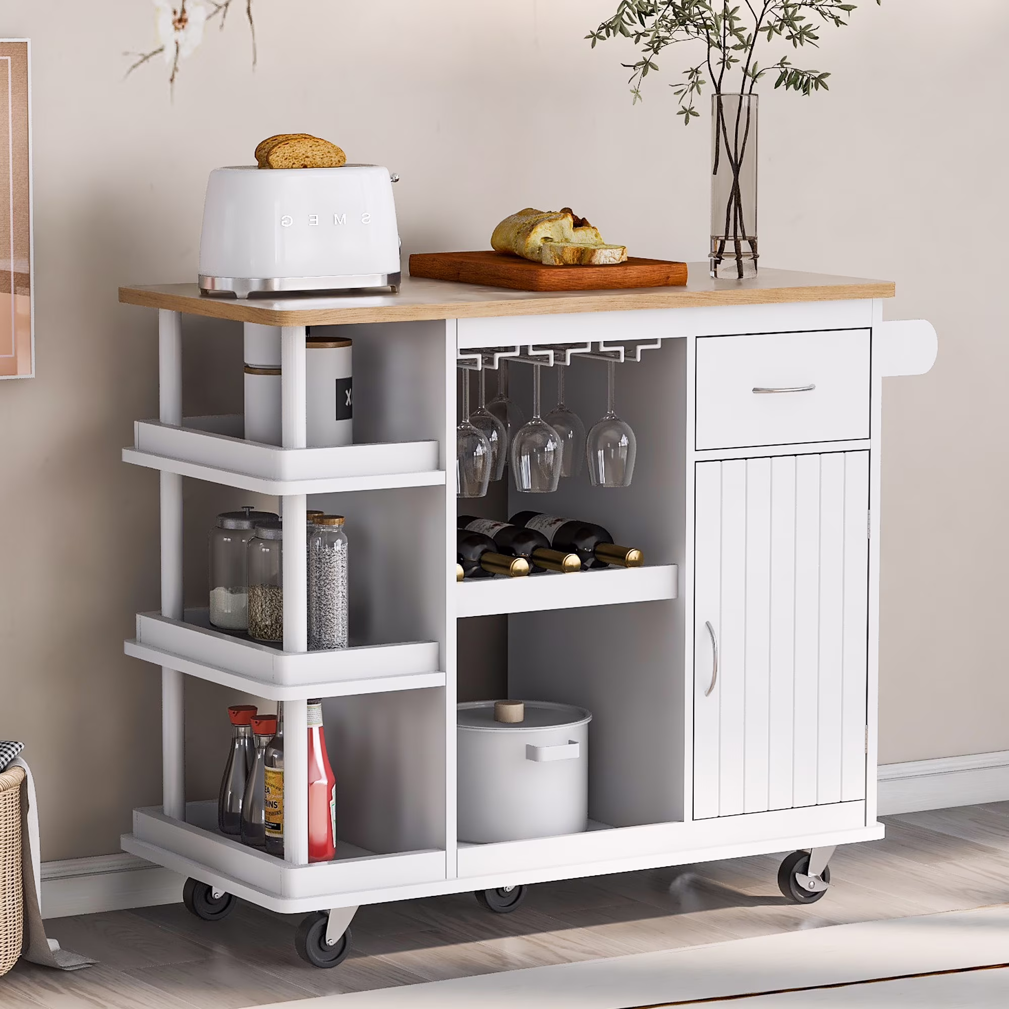 Mobile Kitchen Island with Storage, Rubber Wood Rolling Kitchen Cart with Doors Drawer Wine Racks Adjustable Shelves Lockable Wheels