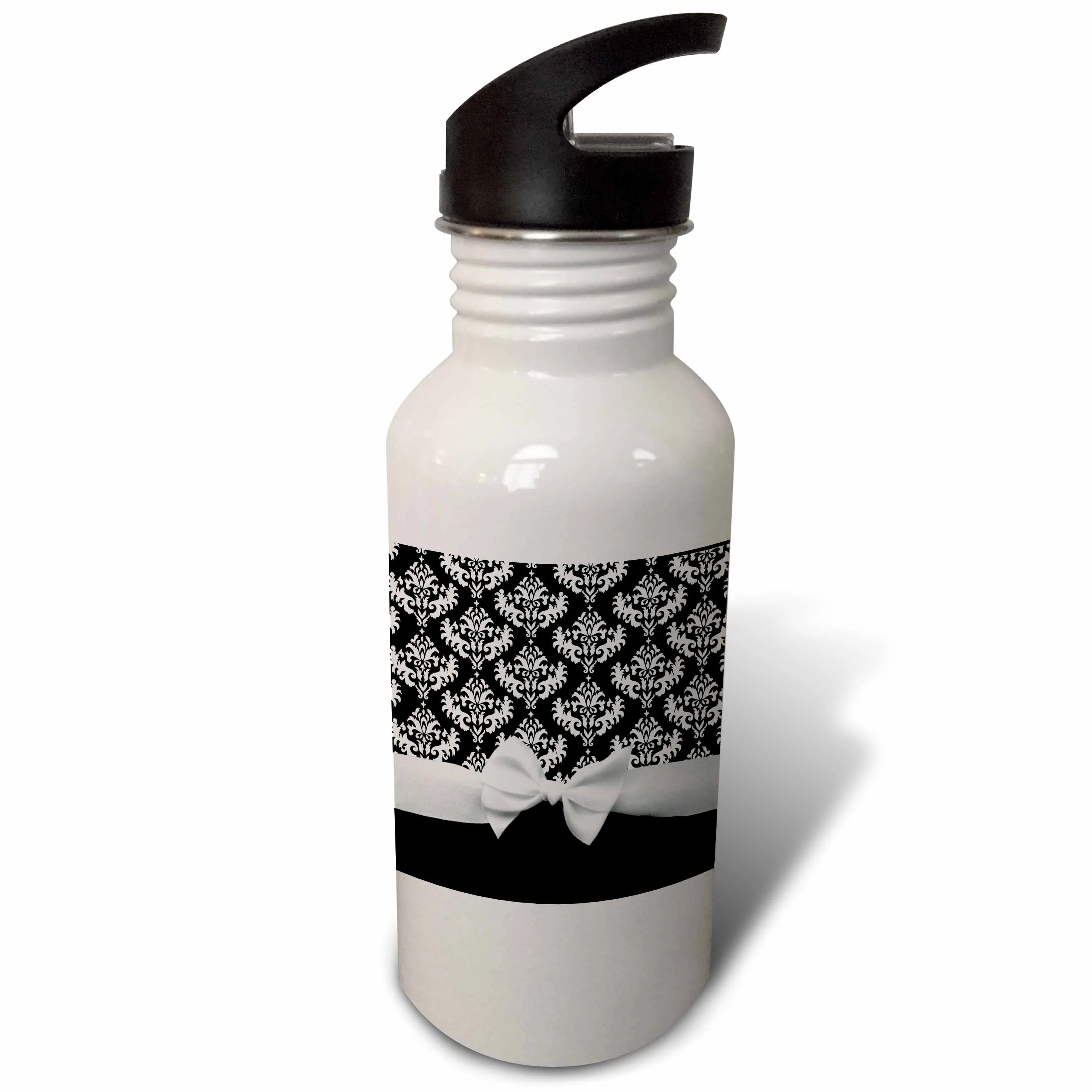 Black and White Damask pattern with elegant and classy white ribbon bow for stylish women 21 oz Sports Water Bottle wb-56660-1