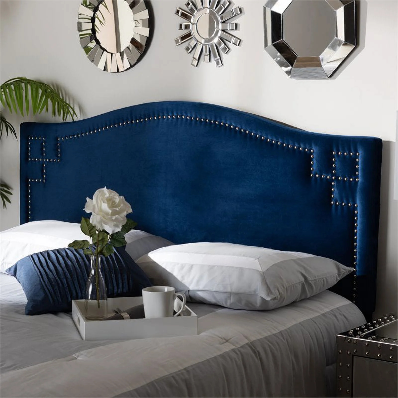 Bowery Hill Modern Velvet and Wood Queen Headboard in Royal Blue