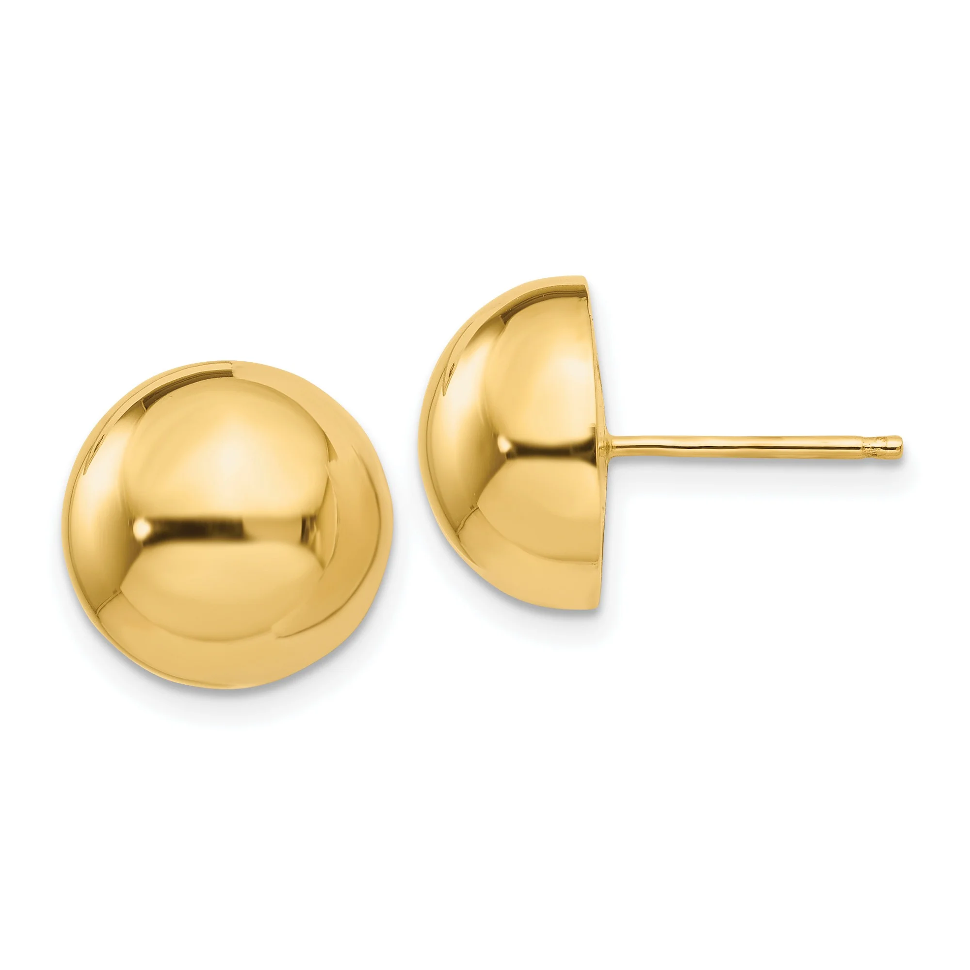 Polished Button Half Ball Post Stud Earrings in Real 14k Yellow Gold 12 mm