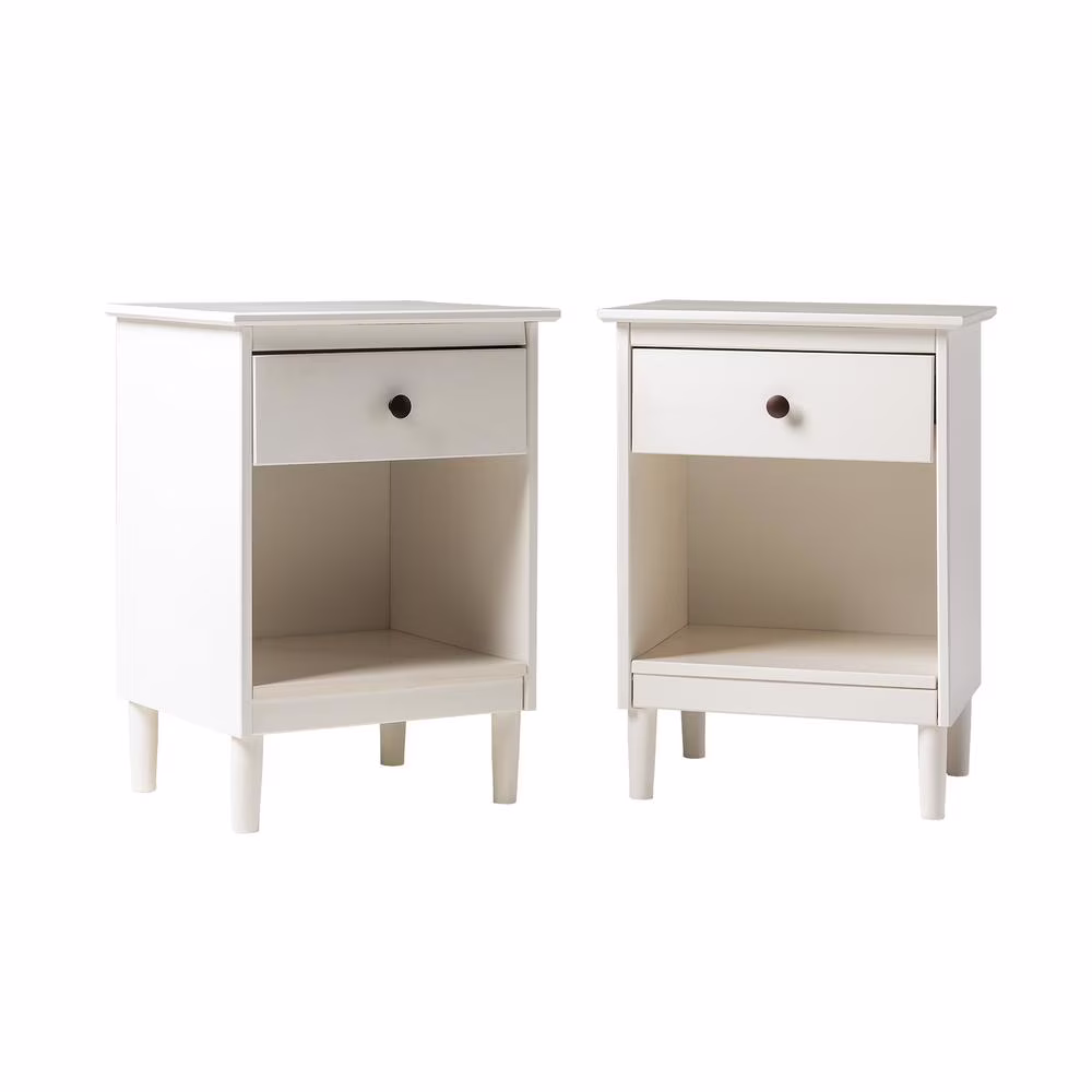 Mid-Century Solid Wood 1-Drawer Bedroom Nightstand in White (Set of 2)