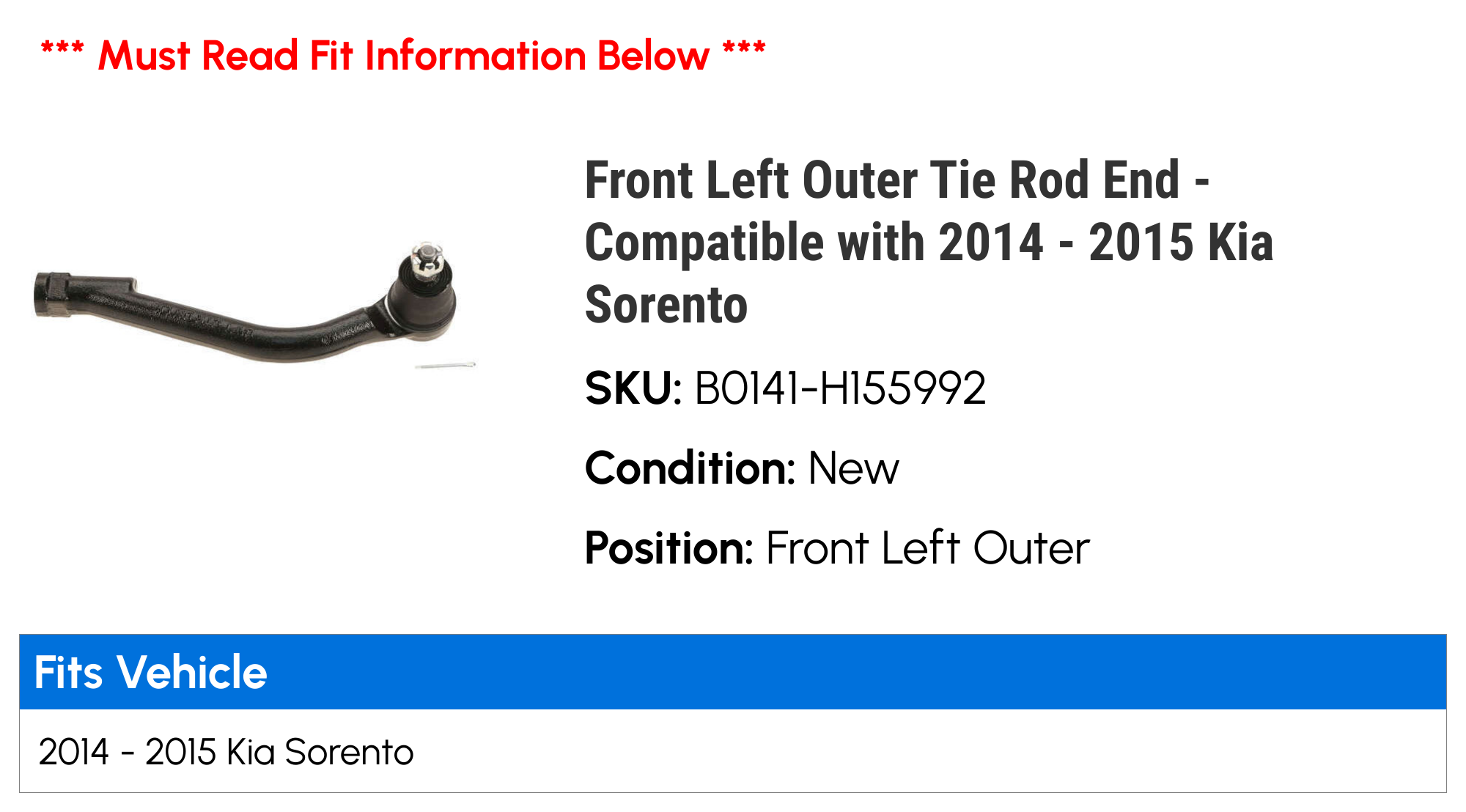 Front Left Outer Tie Rod End - Compatible with 2014 - 2015 Kia Sorento