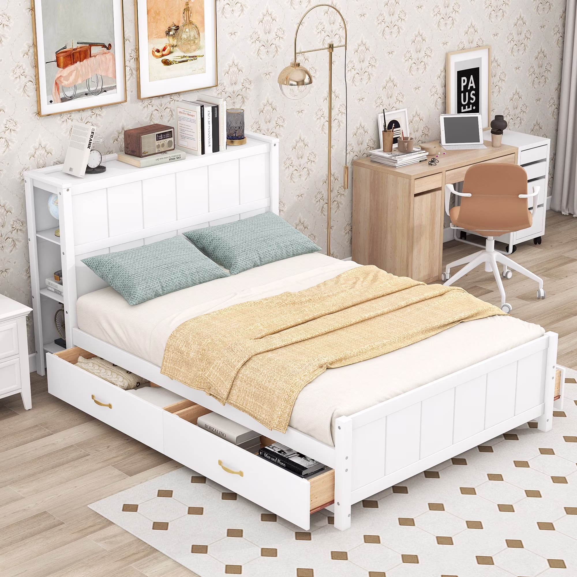 CoSoTower Full Size Platform Bed with Drawers and Storage Shelves, White