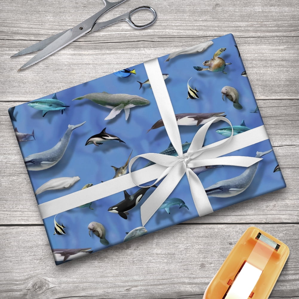 Ocean Life Whale Dolphin Manatee Shark Pattern Premium Roll Gift Wrap Wrapping Paper