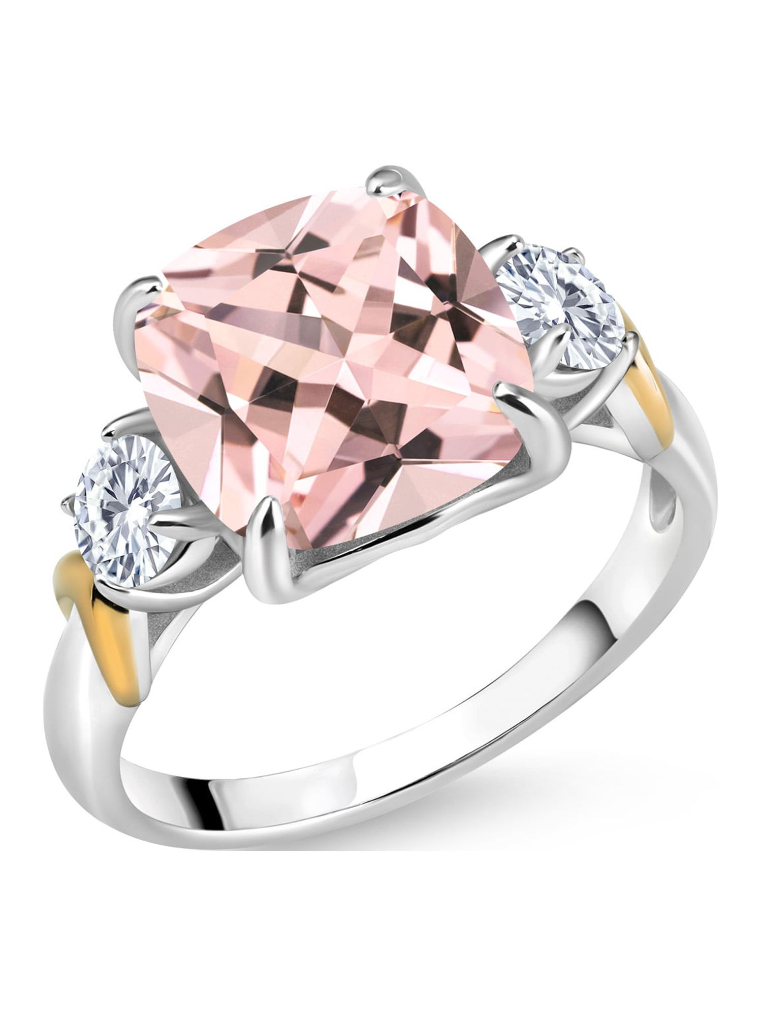 925 Silver and 10K Yellow Gold Peach Nano Morganite and Moissanite from Charles & Colvard 3 Stone Ring For Women (4.78 Cttw, Gemstone Birthstone, Cushion 10MM, Available In Size 5, 6, 7, 8, 9)