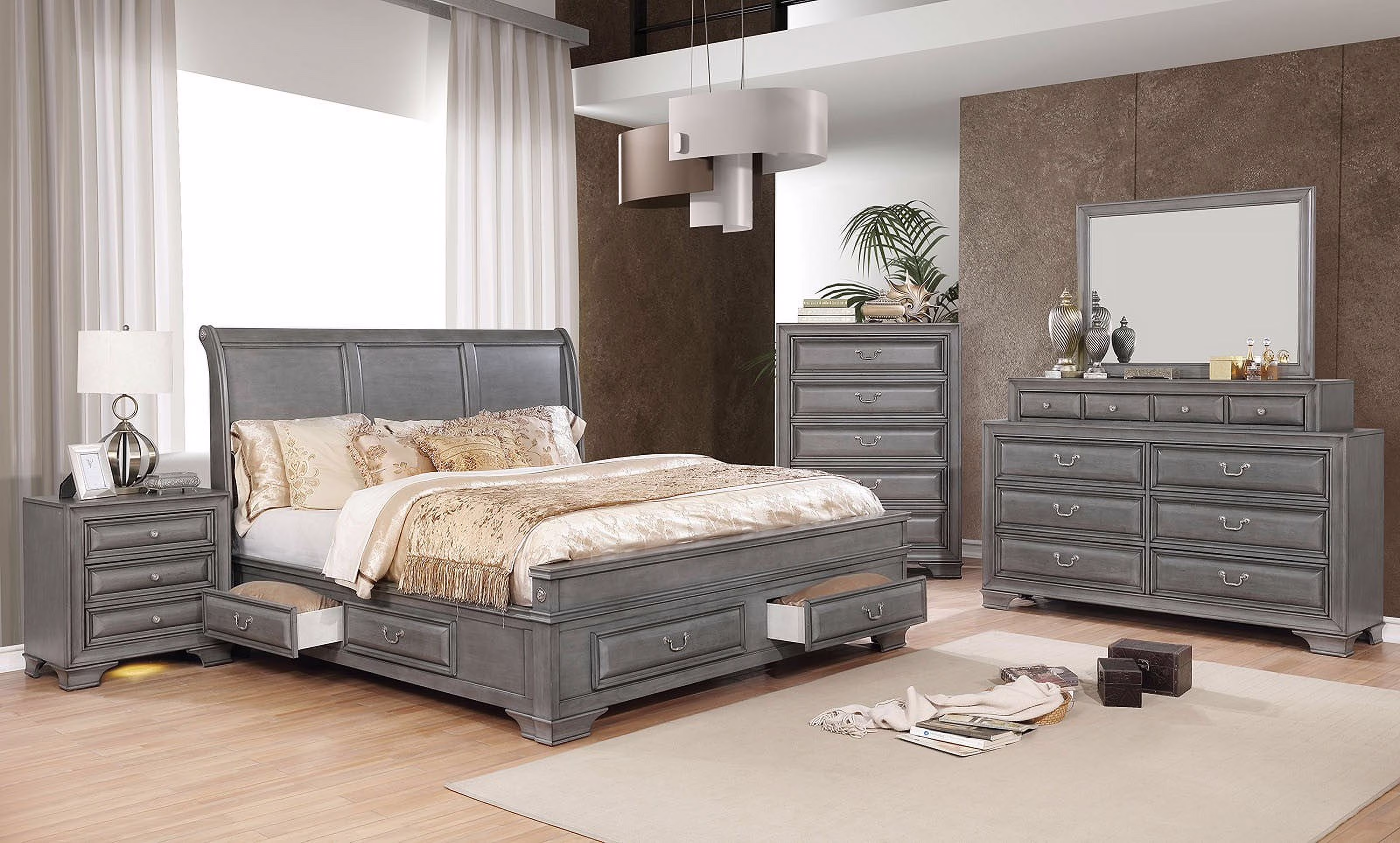 Elegance 3pc Bedroom Furniture Set Transitional Solid wood Eastern King Size Bed 2x Nightstands w USB Gray Storage Bed Drawers