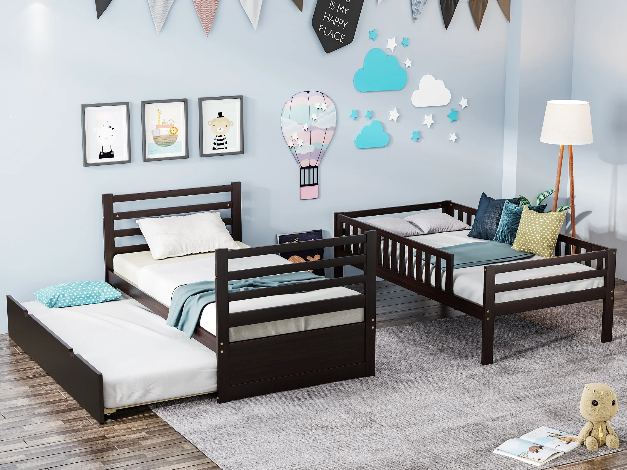 Twin Over Twin Bunk Beds with Safety Rail and Movable Trundle Bed Twin Over Twin Pull-Out Bunk Beds, Solid Wood No Box Spring Needed