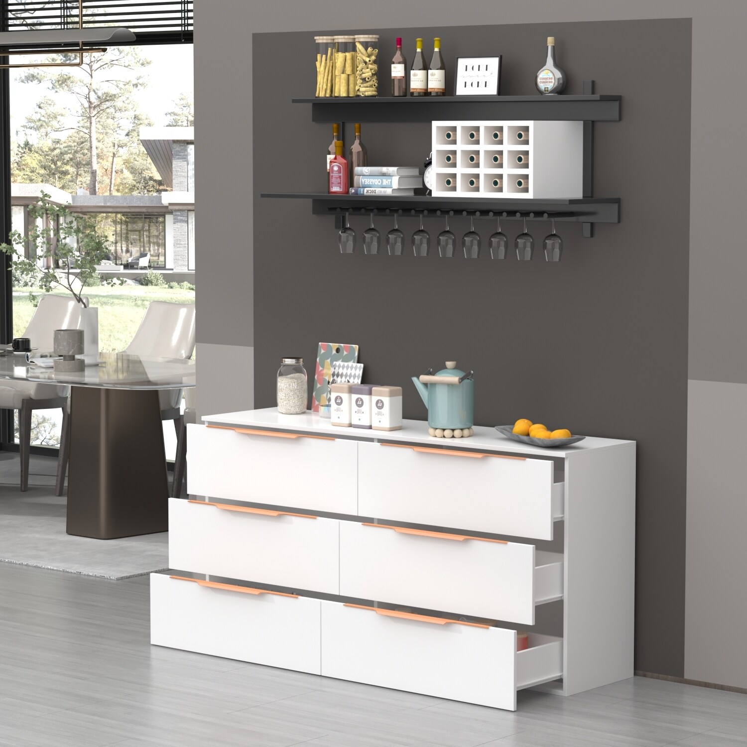 Kerrogee 63-inch 6 Drawers White Floor Double Dresser w/ Copper Handle