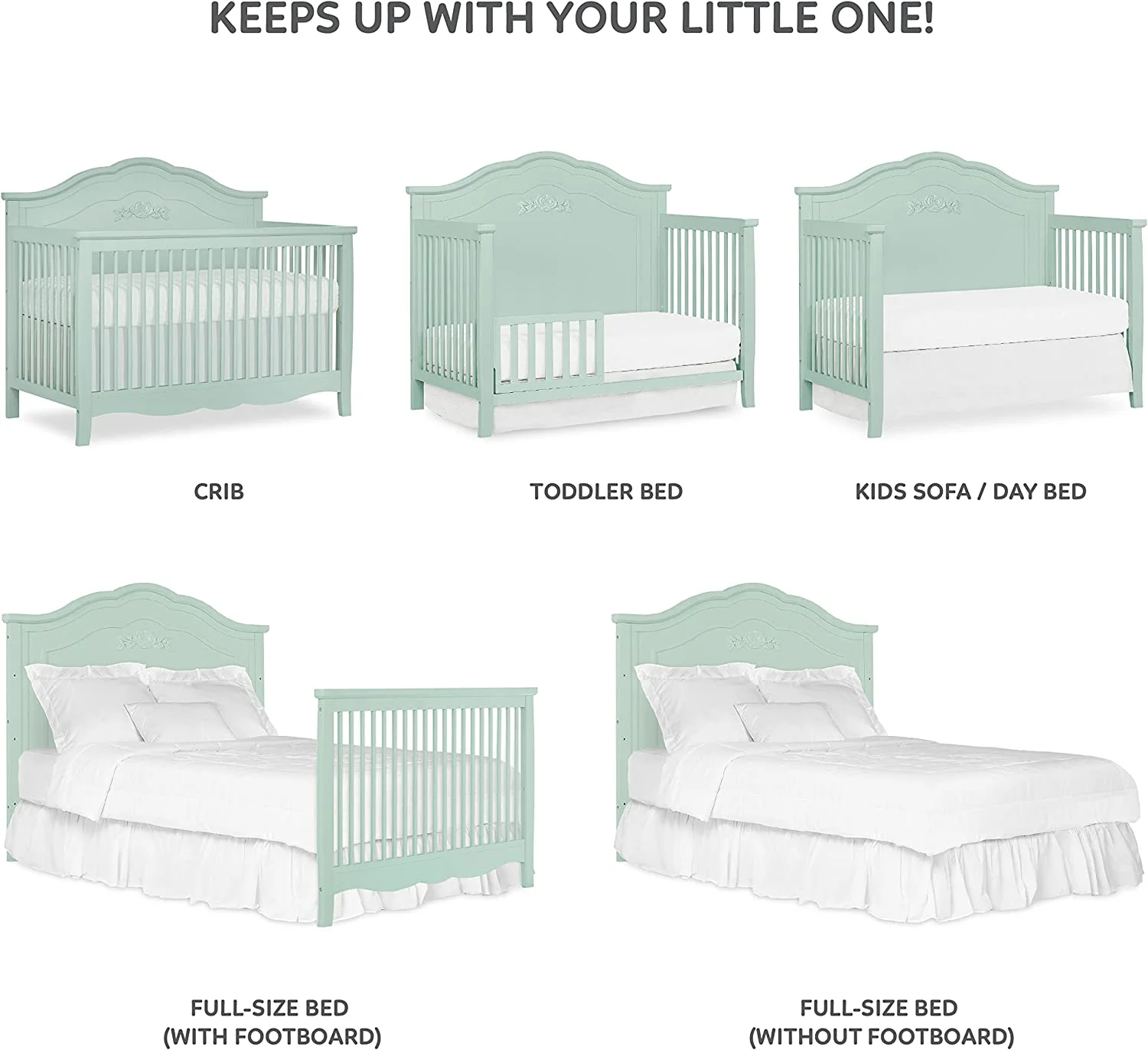 SweetPea Baby Rose 4-in-1 Convertible Crib in Seafoam Green, Baby Crib with Spindles, Greenguard Gold Certified, Easy Assembly, Sustainable New Zealand Pinewood Sea Foam Green