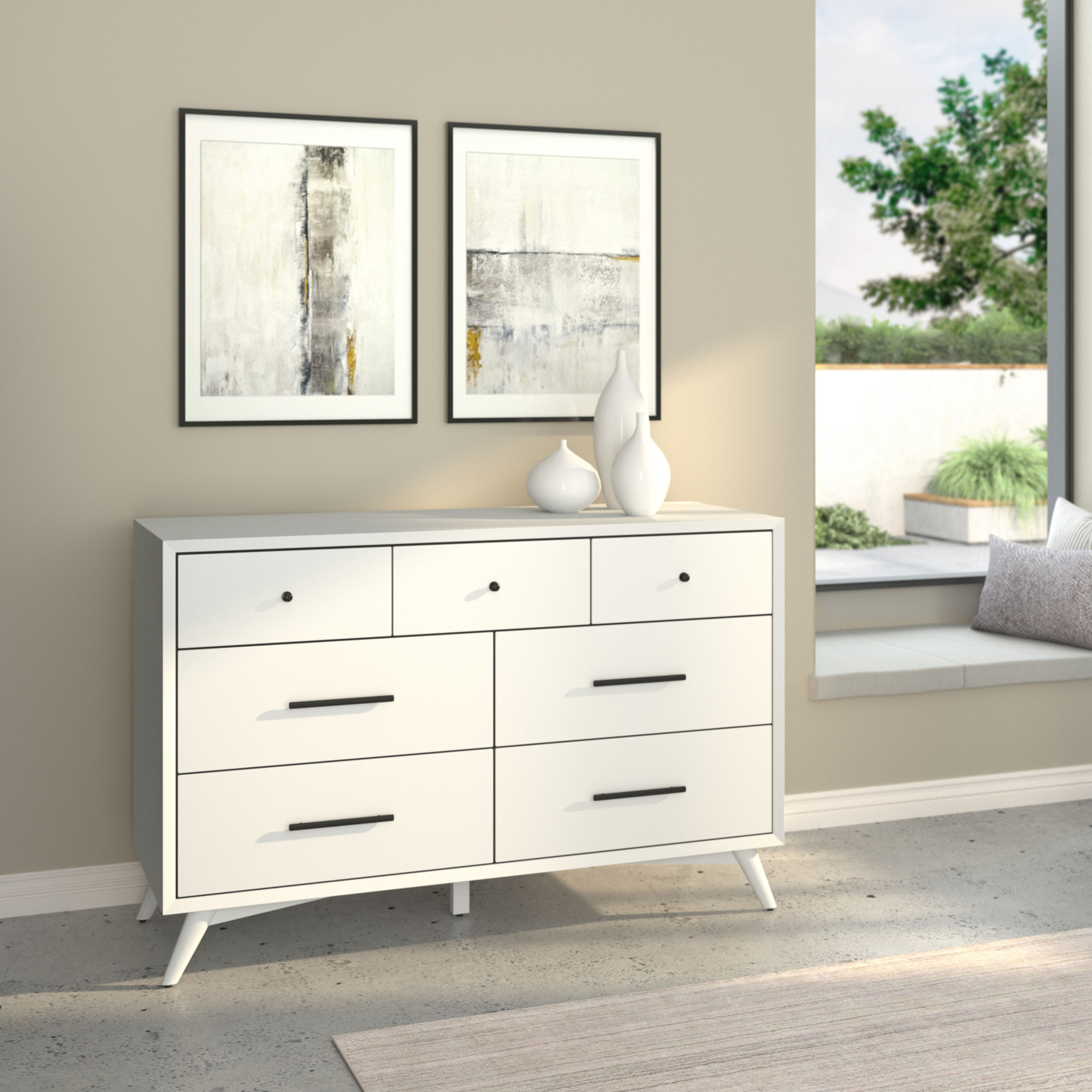 HomeRoots 524146 56 in. White Solid Wood Seven Drawer Double Dresser