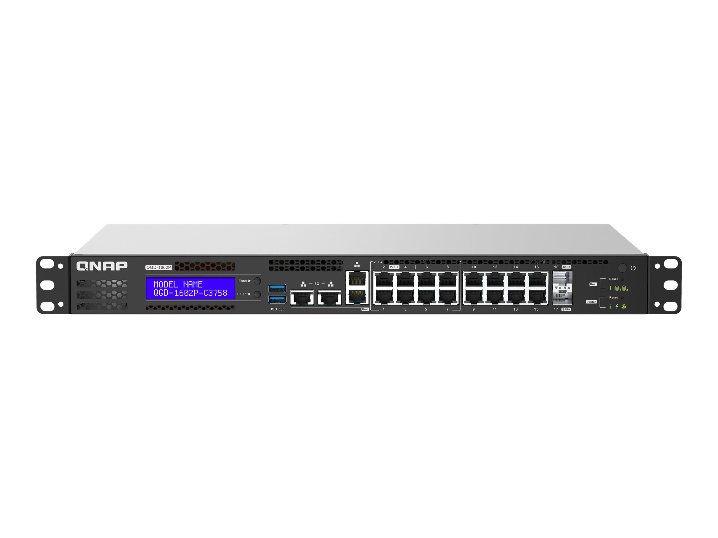 QNAP QGD-1602P - Switch - smart - 4 x 100/1000/2.5G (PoE++) + 4 x 100/1000/2.5G (PoE+) + 8 x 10/100/1000 (PoE+) + 2 x 10 Gigabit SFP+ - rack-mountable - PoE++ (200 W)