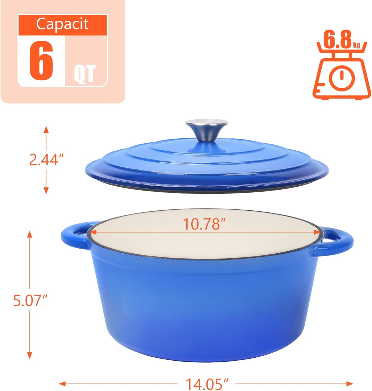 Grisun 6 Quart Enameled Cast Iron Dutch Oven with Lid, Round Dutch Oven Pot Cookware with Dual Handles for Home, Kitchen, Oven Safe, Use to Marinate, Cook, Bake, Refrigerate and Serve - Blue