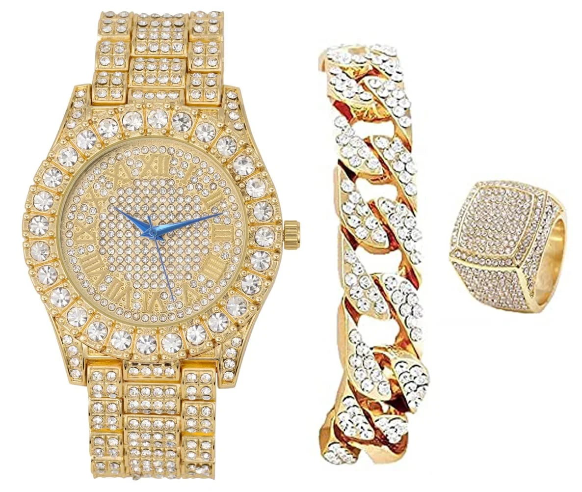 Charles Raymond Mens Big Rocks Bezel - Dial with Roman Numerals Fully Iced Out Watch w/Cuban Chain Bracelet & Ring - ST10327SET3PC (8,Gold)