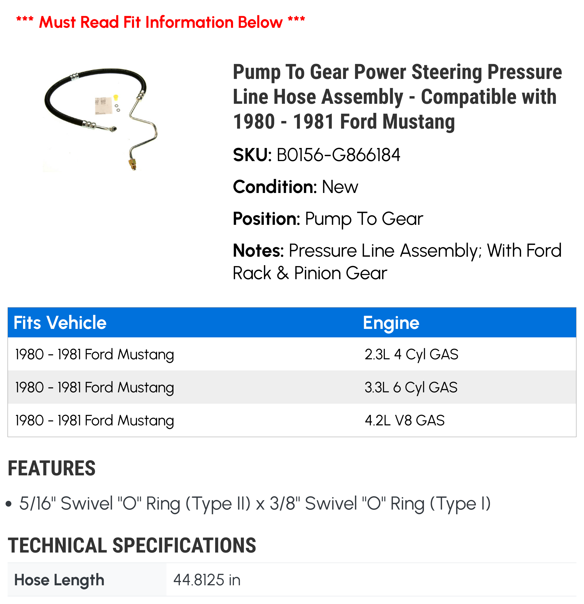 Pump To Gear Power Steering Pressure Line Hose Assembly - Compatible with 1980 - 1981 Ford Mustang