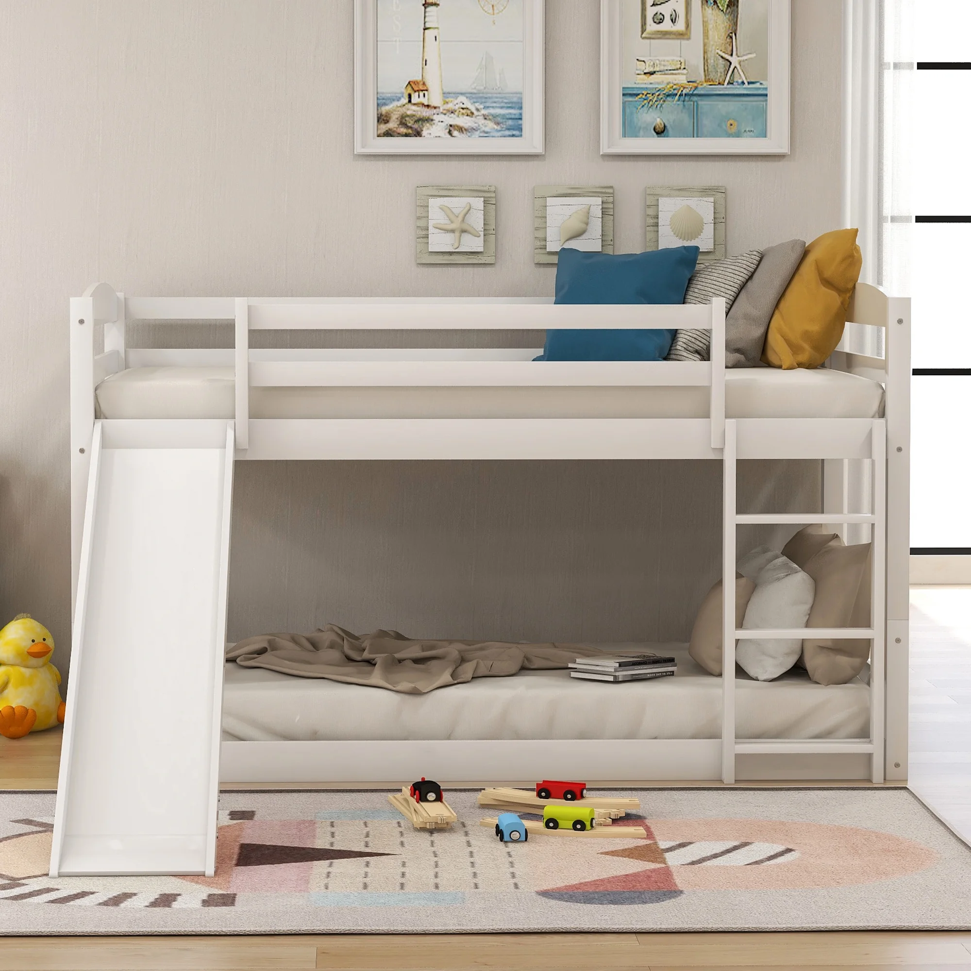 White Twin over Twin Low Bunk Bed with Slide and Ladder