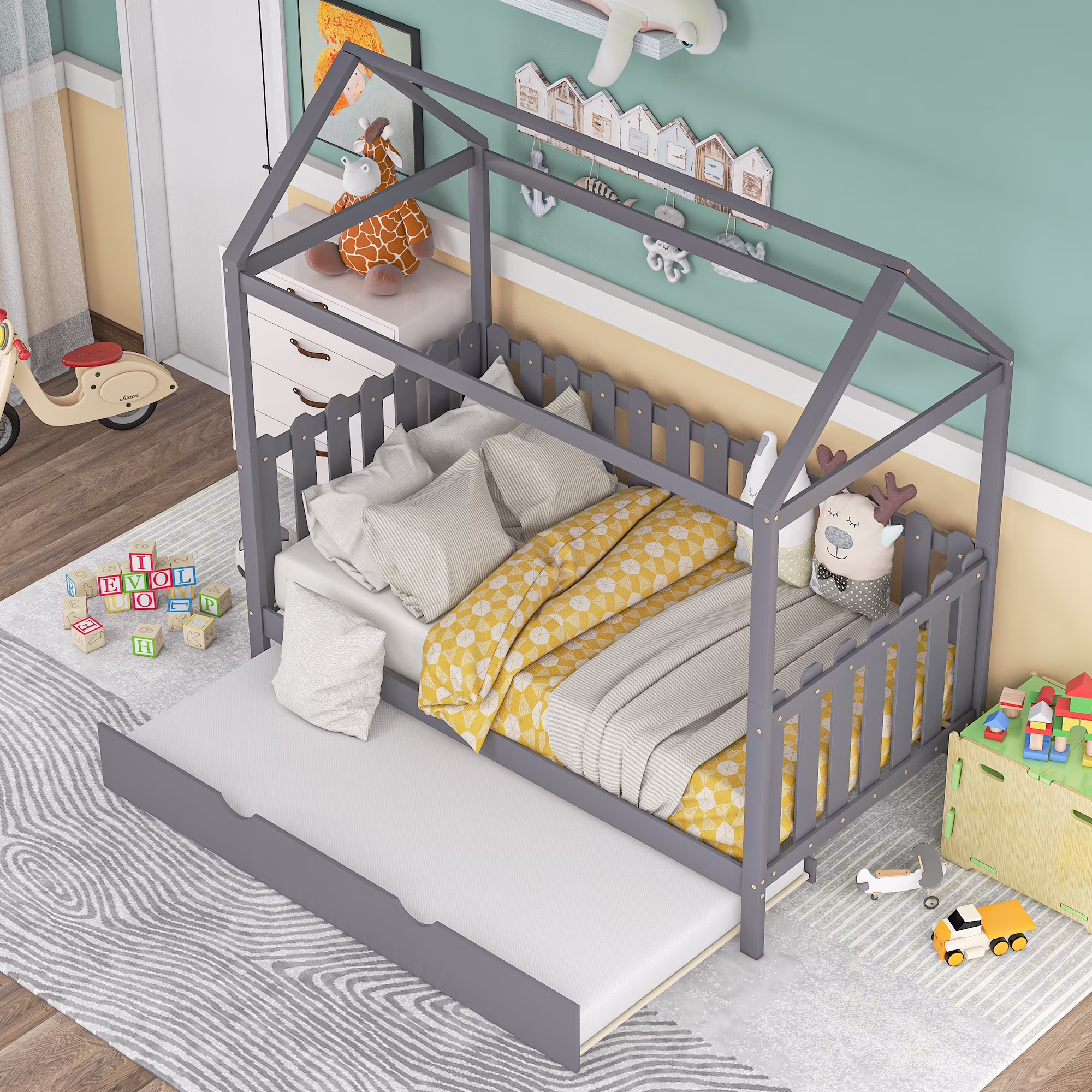 Nestfair Gray Twin Size House Style Kids' Bed with Trundle