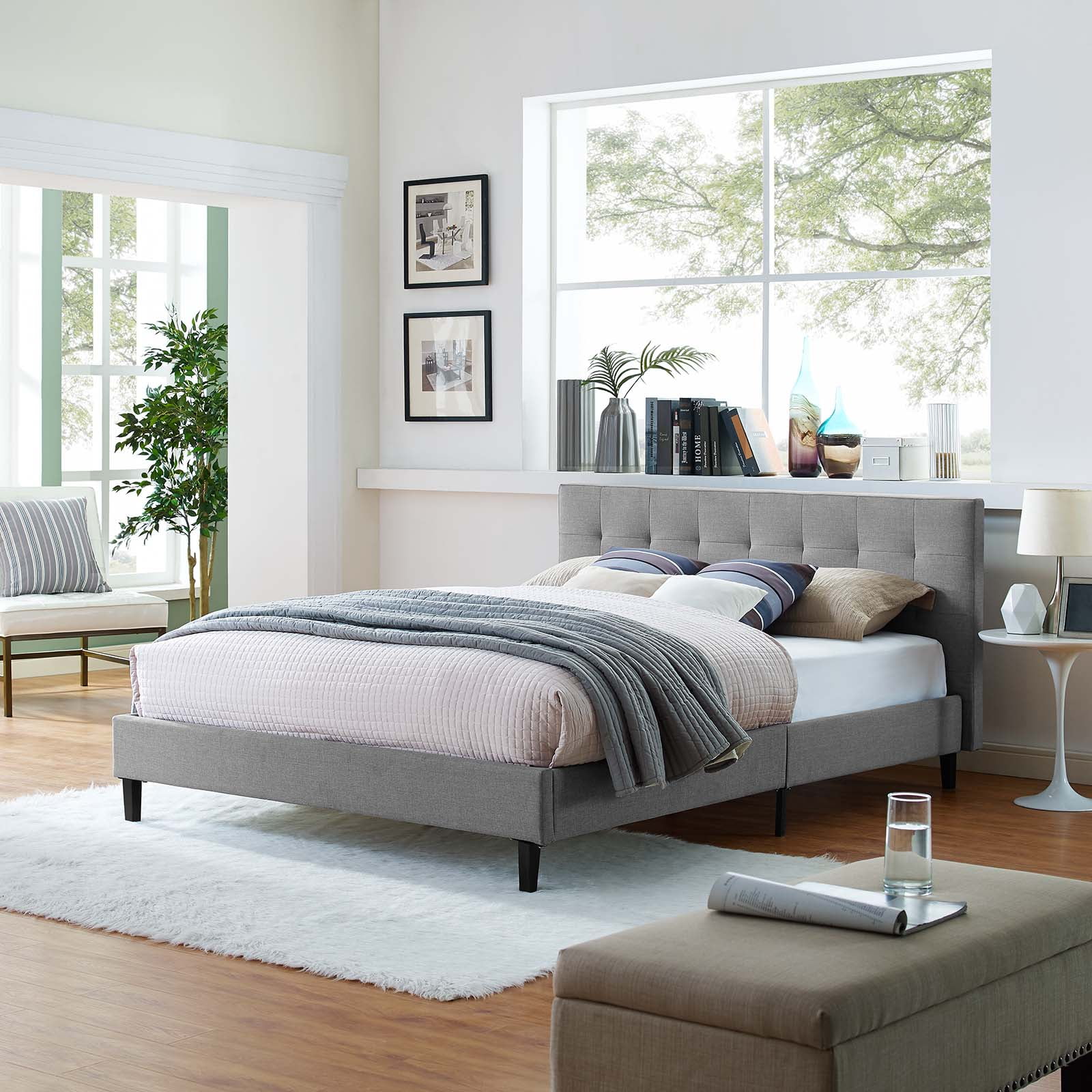 Modern Contemporary Urban Design Bedroom Full Size Platform Bed Frame, Grey Gray, Fabric Wood