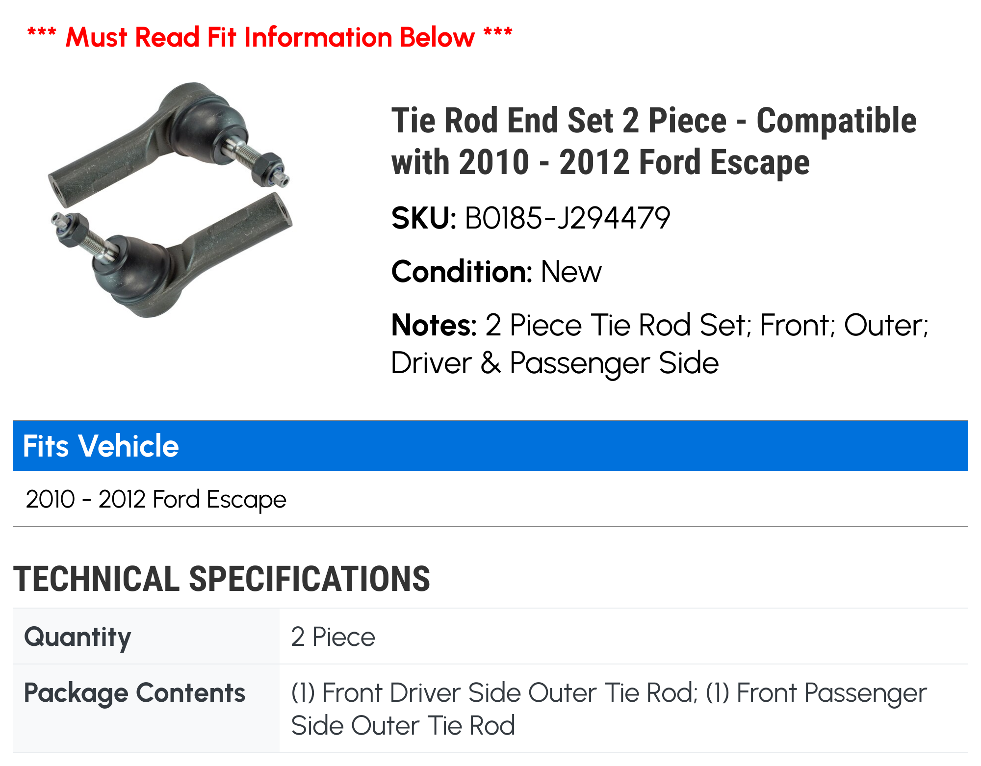 Tie Rod End Set 2 Piece - Compatible with 2010 - 2012 Ford Escape 2011