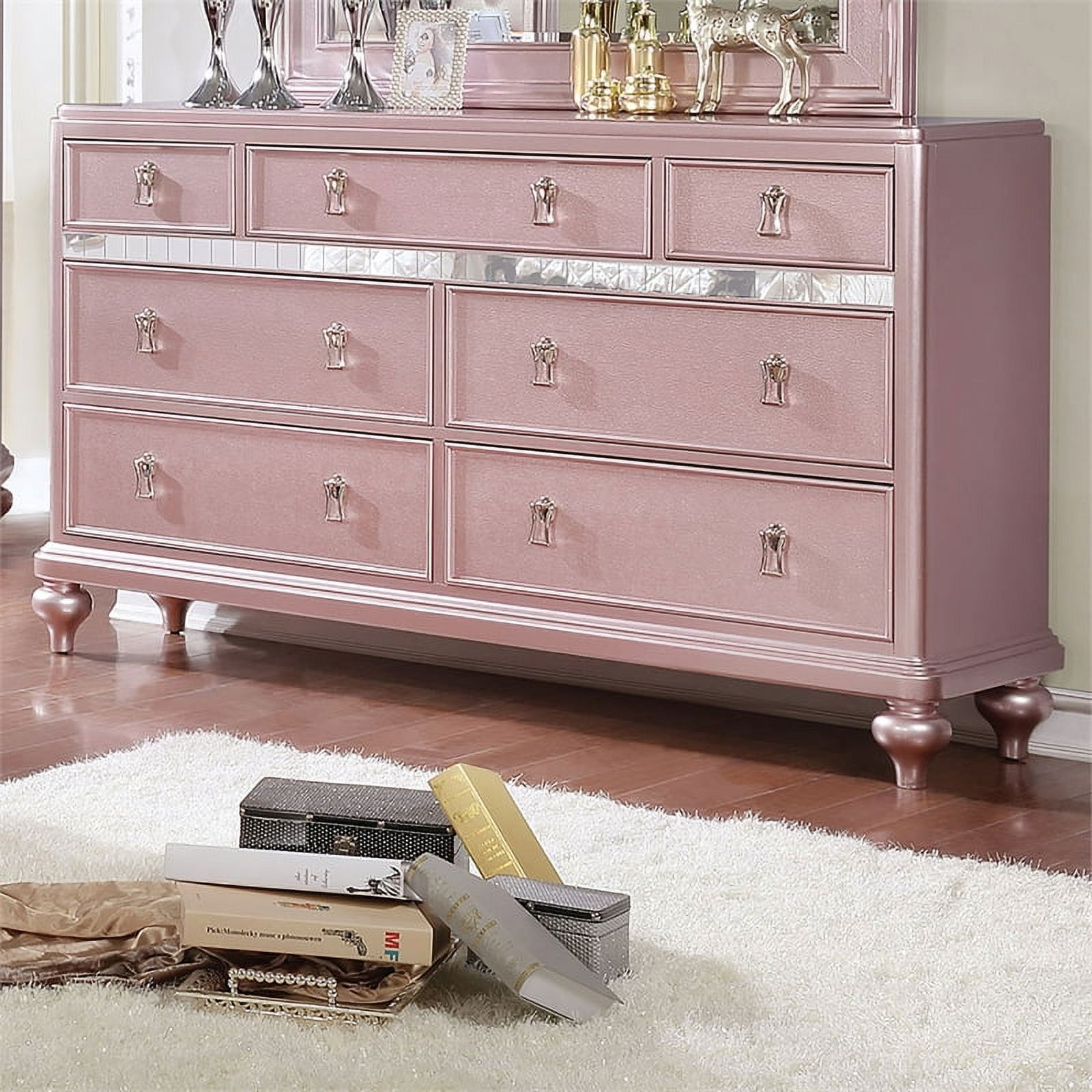 Furniture of America Appell Solid Wood 2-Piece Dresser and Mirror in Rose Gold