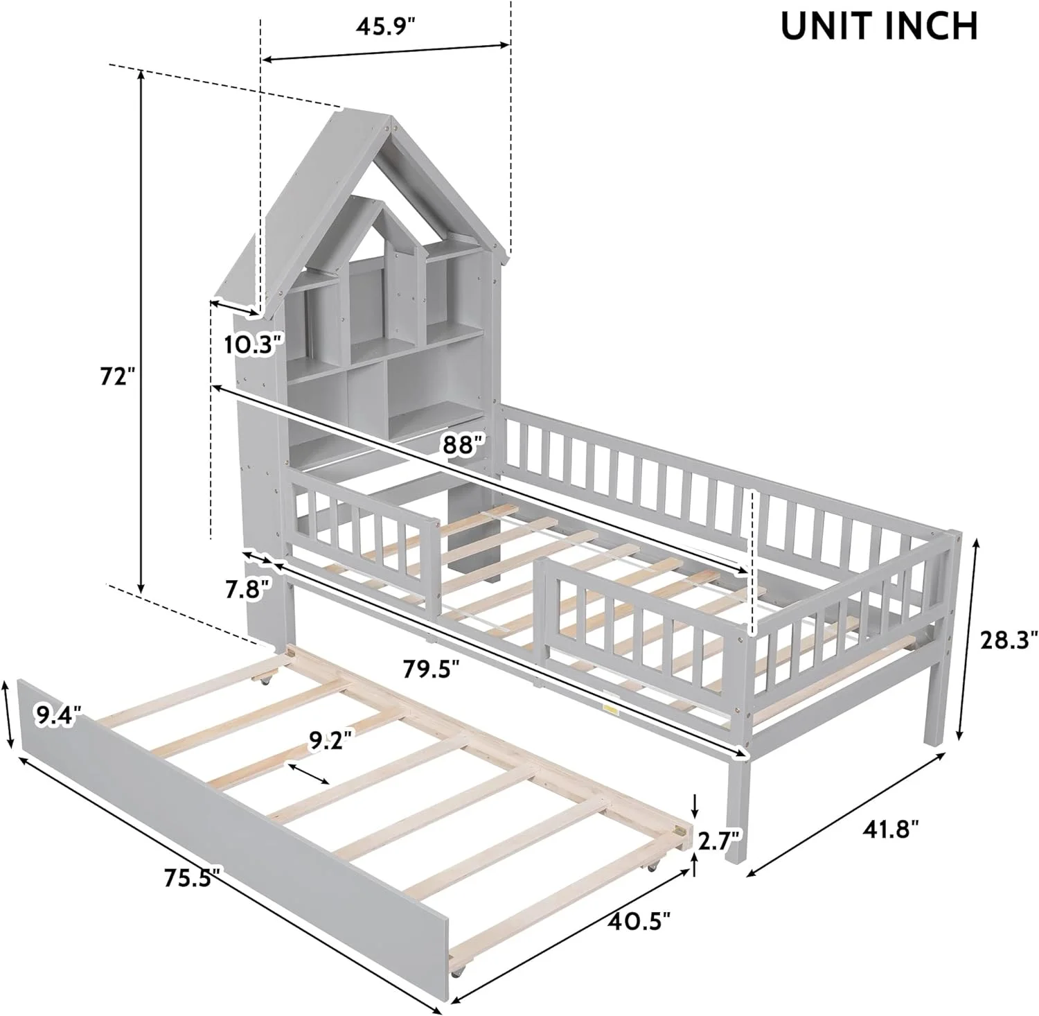 Size Platform Bed For Kids, Solid Wood House Bed With House-Shaped Headboard & Trundle, Kids Bed Frame With Fence Guardrails No Box Spring Needed (Grey)