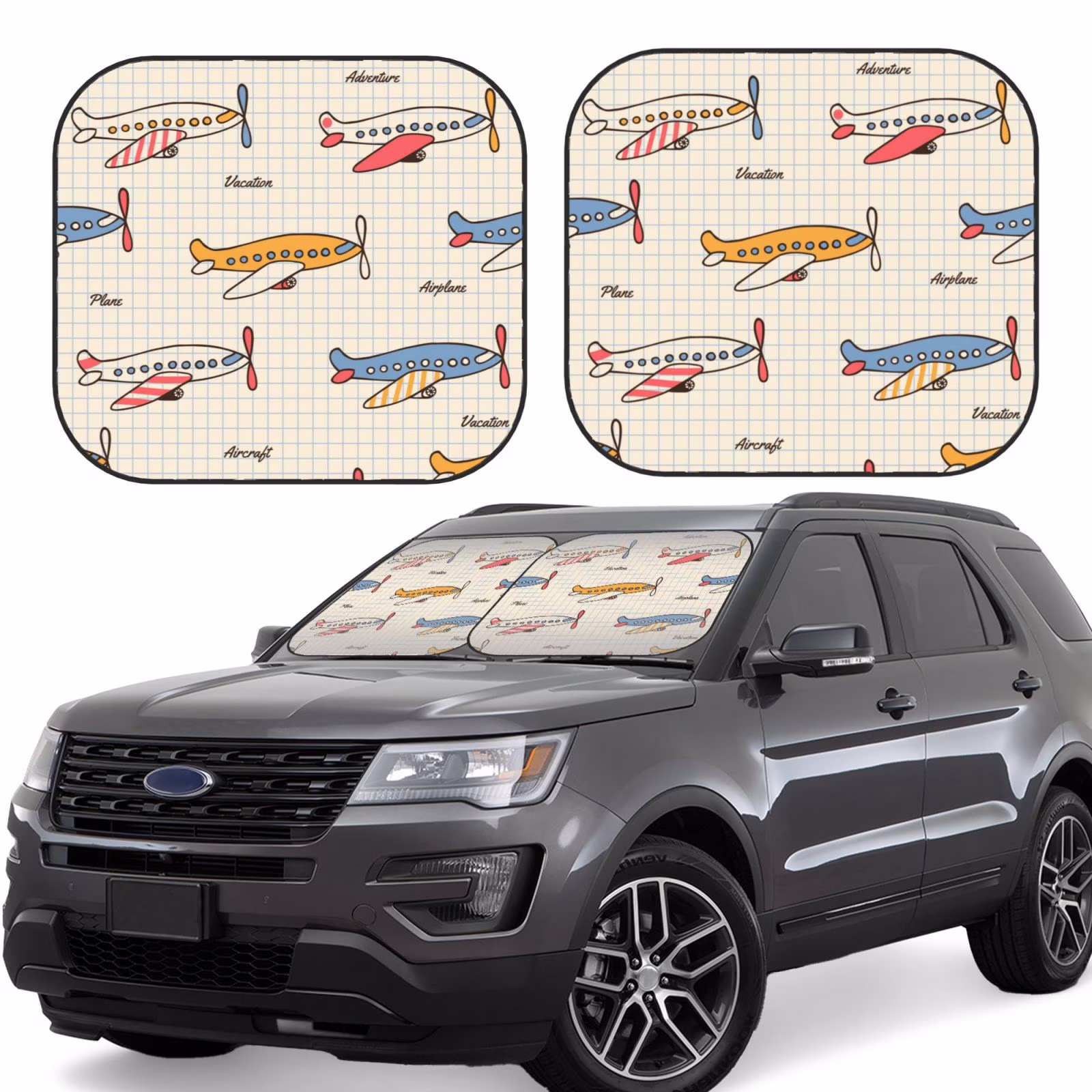 Lukts Striped Vintage Planes Print 2 Piece Car Sun Shade Windshield,Foldable Car Shade Front Windshield With Keeps Your Vehicle Cool, For Most Sedans Suv And Trucks - Small