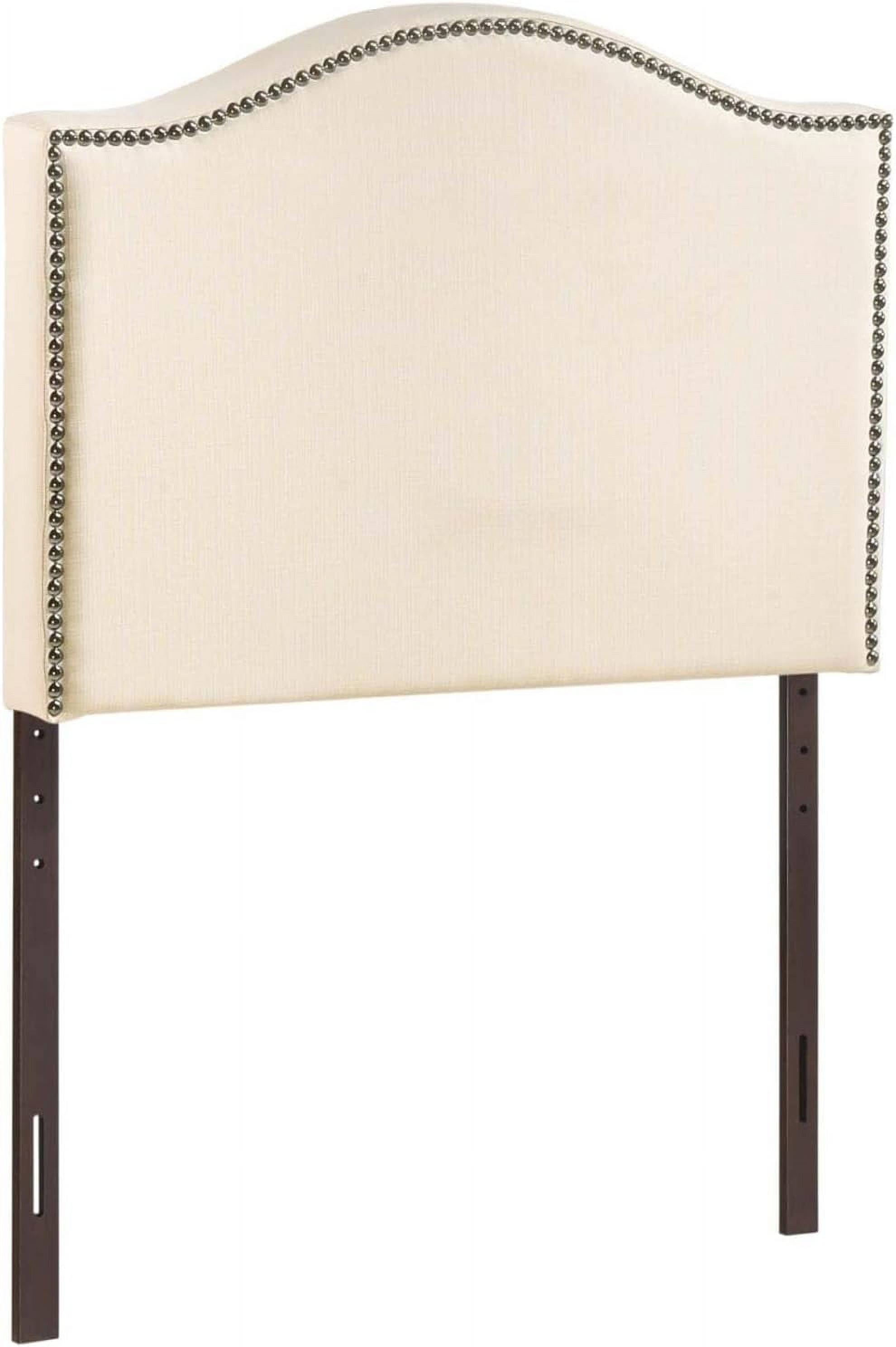Linen Fabric Upholstered Headboard With Nailhead Trim And Curved Shape In Ivory