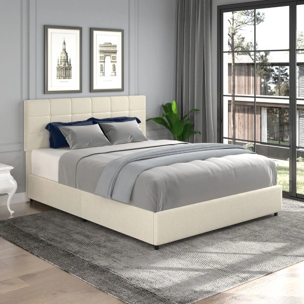 Vera Queen Size Ivory Velvet Upholstered Platform Bed with Patented 4 Drawers Storage, Square Stitched Button Tufted Headboard, Wooden Slat Mattress Support No Box Spring Required