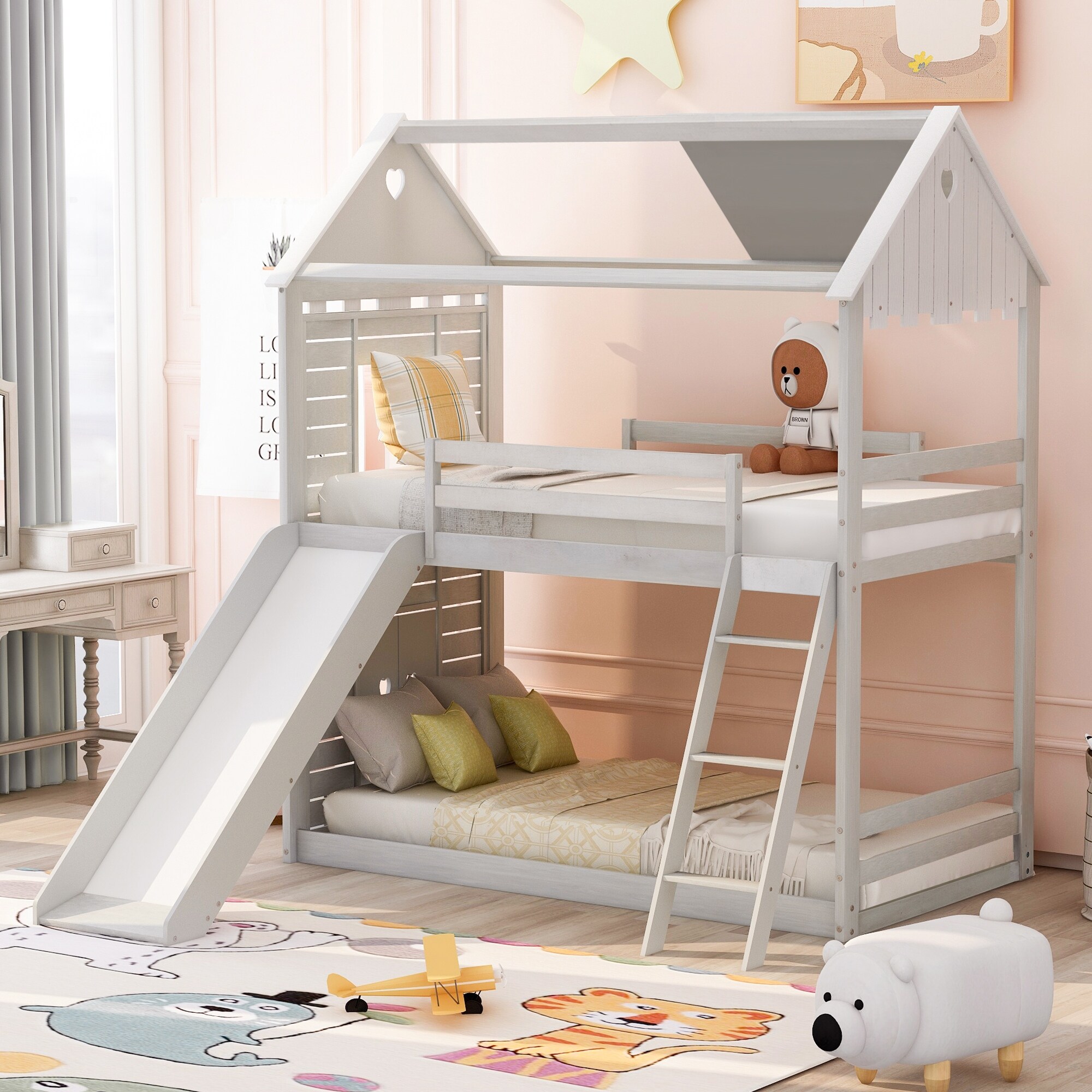 Nestfair  Twin Over Twin Bunk Bed Wood Bed with Roof Antique White