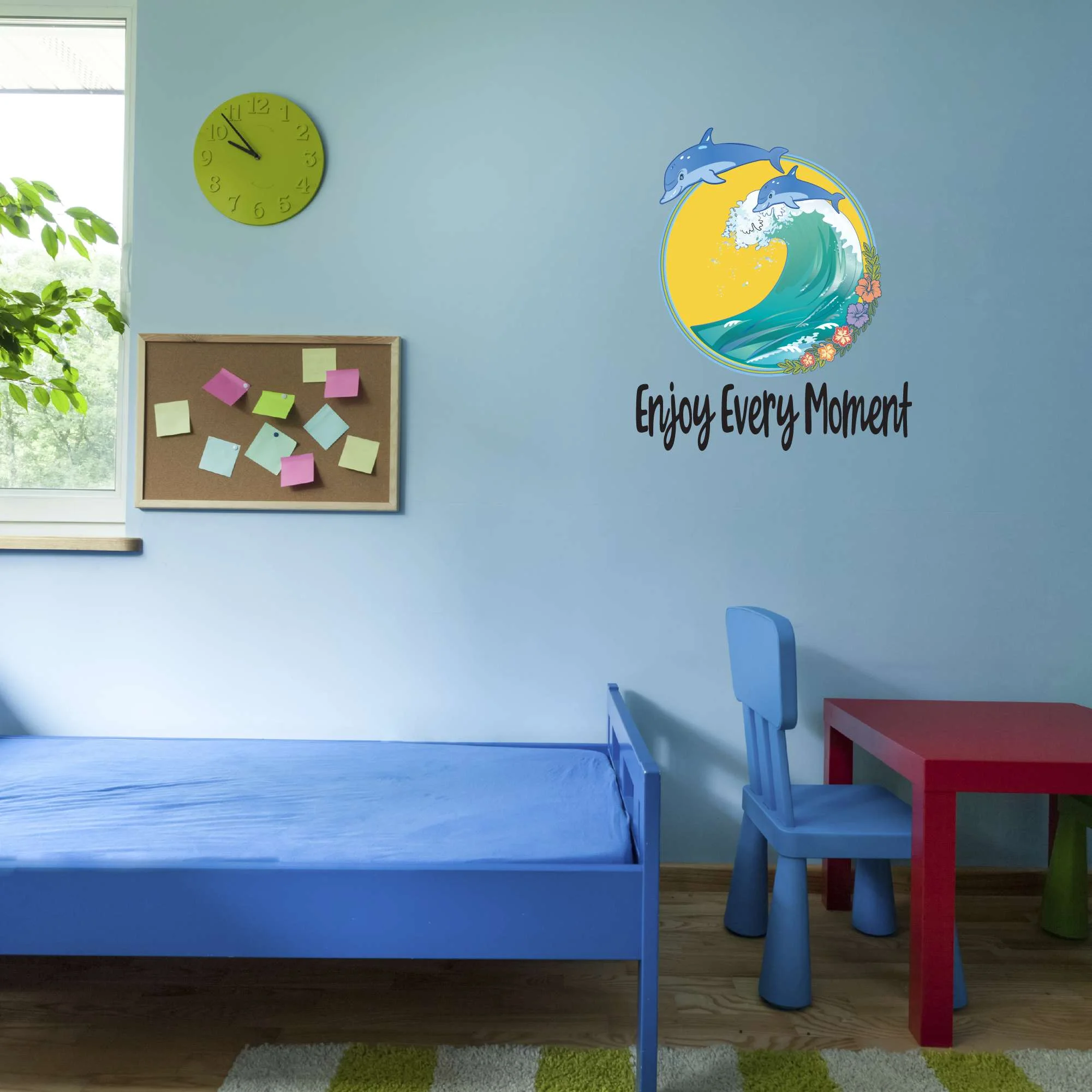 Enjoy Every Moment Dolphins Wave Ocean Beash Flowers Surfing Life Looks Better In The Ocean Shark Sea Great White Boat Dolphin Whale Decorating Wall Decal Sticker - Size: 18 In X 20 In