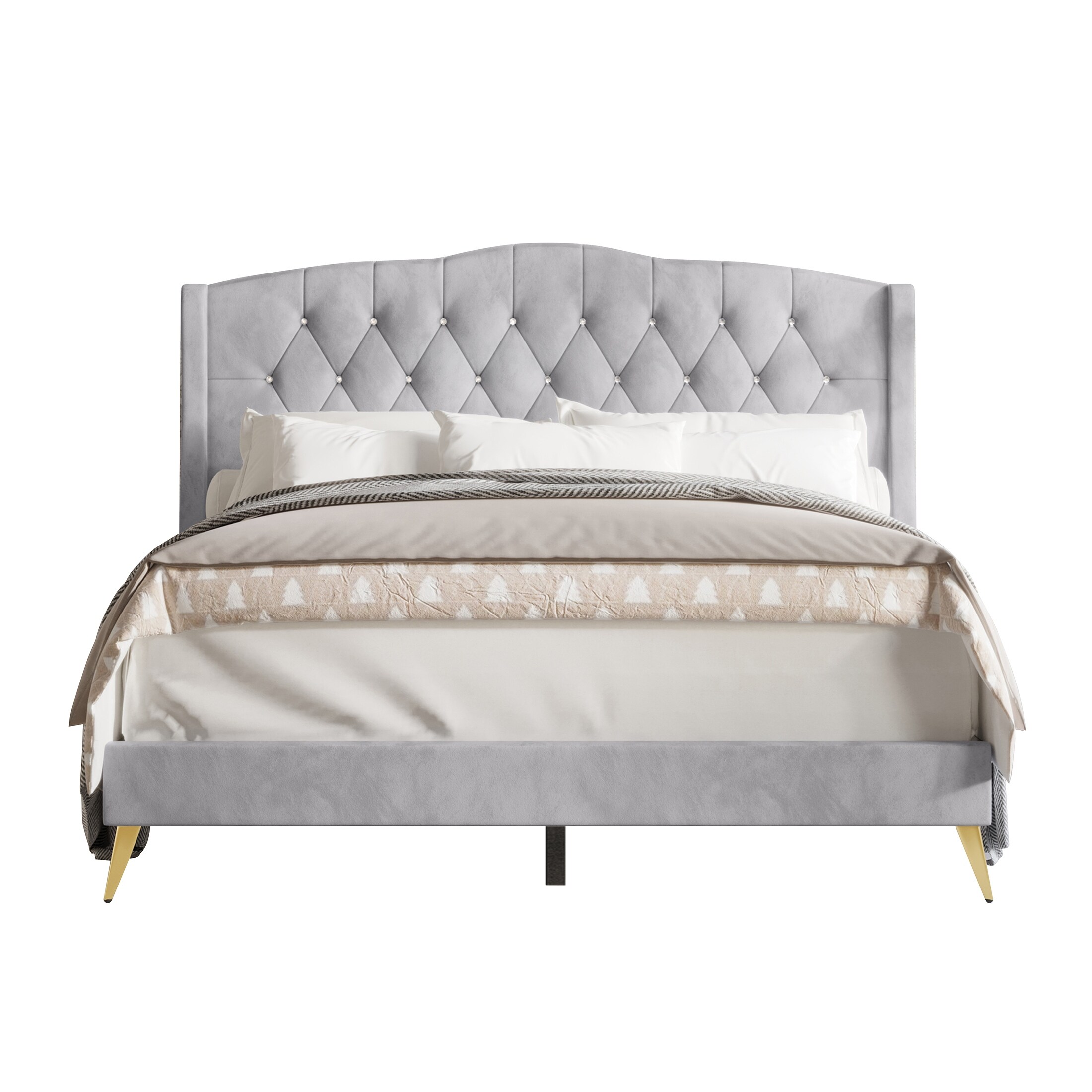CraftPorch  Velvet Diamond Button Tufted Upholstered Platform Bed Silver Grey Queen