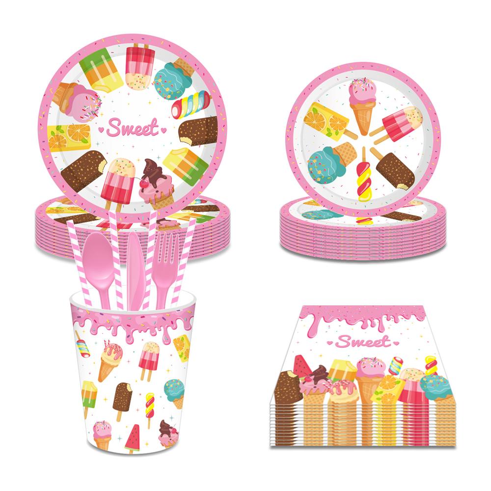 Ice Cream Paper Plates Summer Watercolor Dessert Popsicle Party Plates and Napkins Party Supplie Birthday Disposable Tableware Set Dinnerware Serves 8 Guests for Plates, Napkins, Cups 68PCS