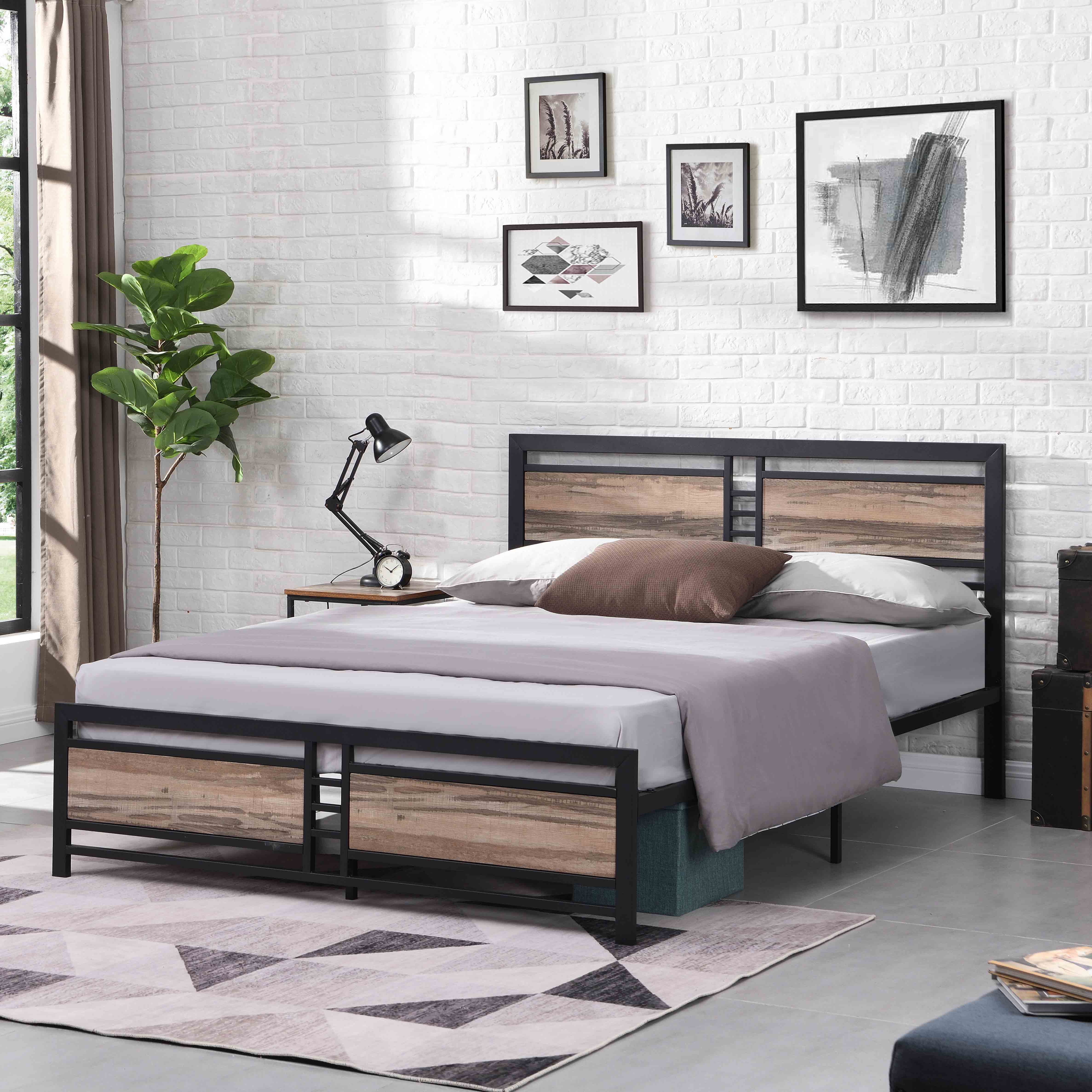 Full size metal platform bed frame with wood headboard, heavy duty mattress base with slat support, easy to assemble, quiet, no box springs, overall dimensions: 77