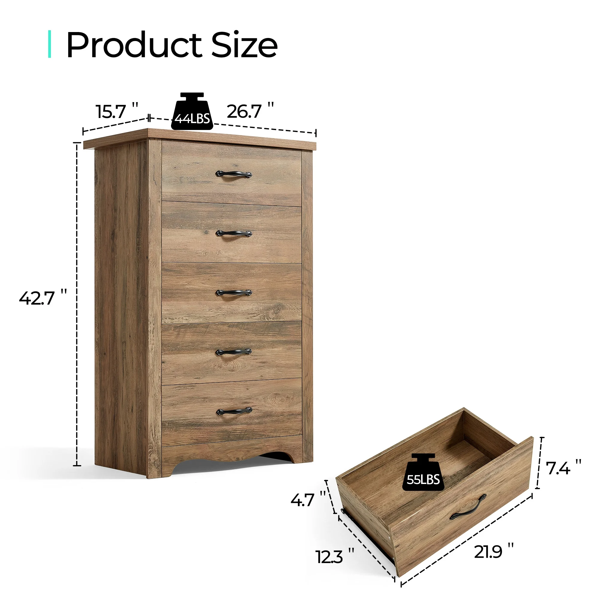 LINSY HOME Brown Dressers,Chest of 5 Drawers