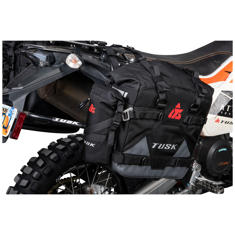 Tusk Pannier Racks with Tusk Pilot Pannier Bags and Bottle Holders with Top Rack Black/Grey