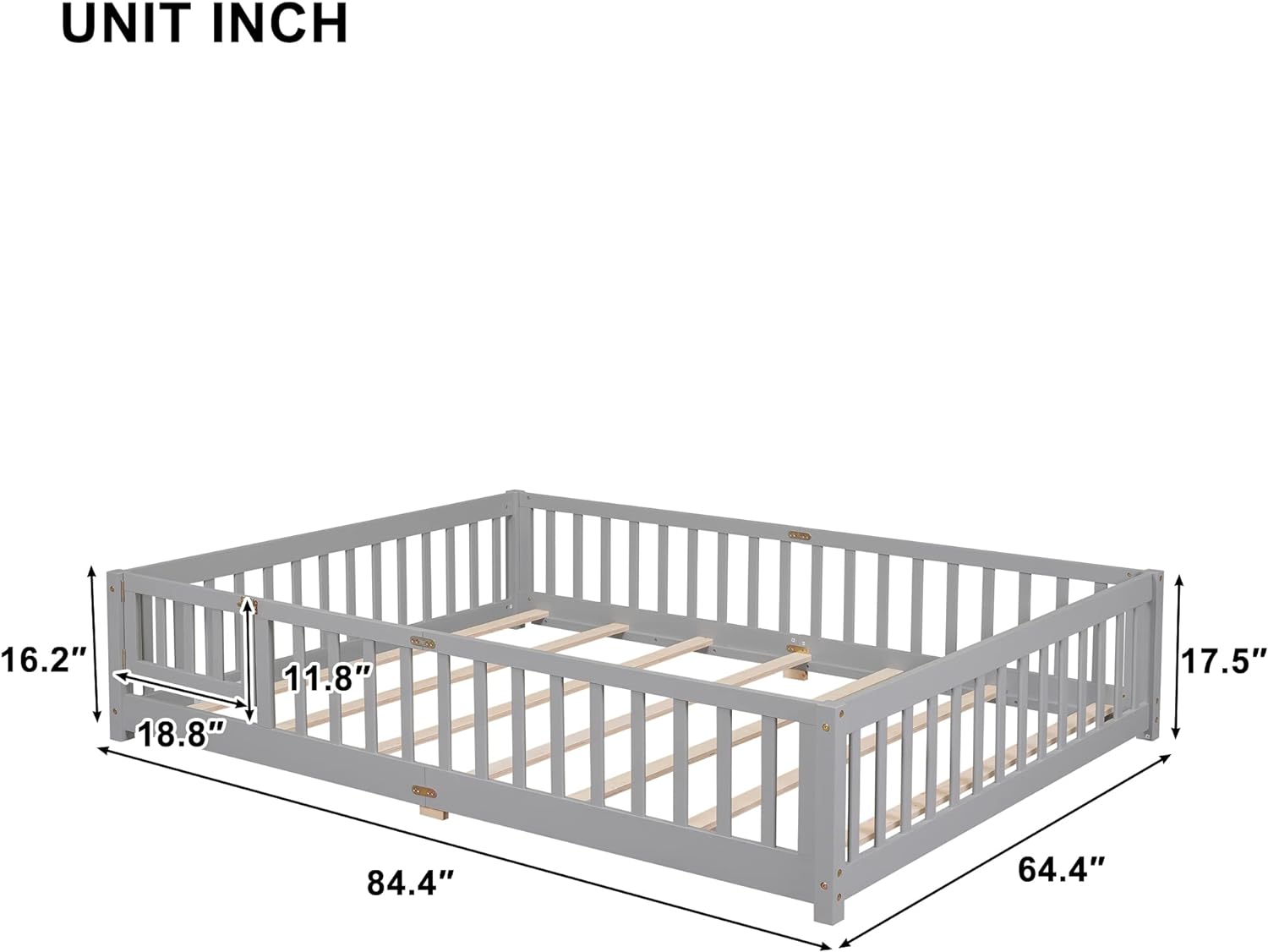 Queen Floor Bed Wih Fence And Door, Wooden Monessori Queen Plaform Bed Frame For Kids, Boys Girls, Slas Included, No Box Spring Needed (Queen Size, Gray)