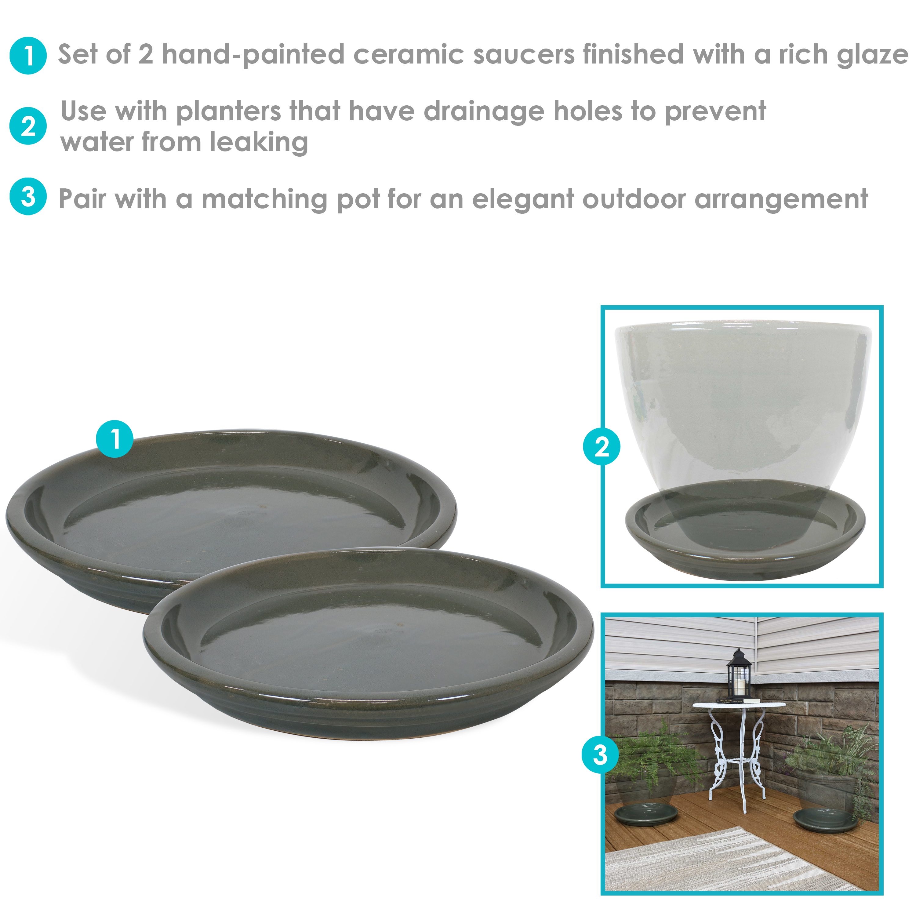 Sunnydaze Set of 4 Glazed Ceramic Planter Saucers - Gray - 12