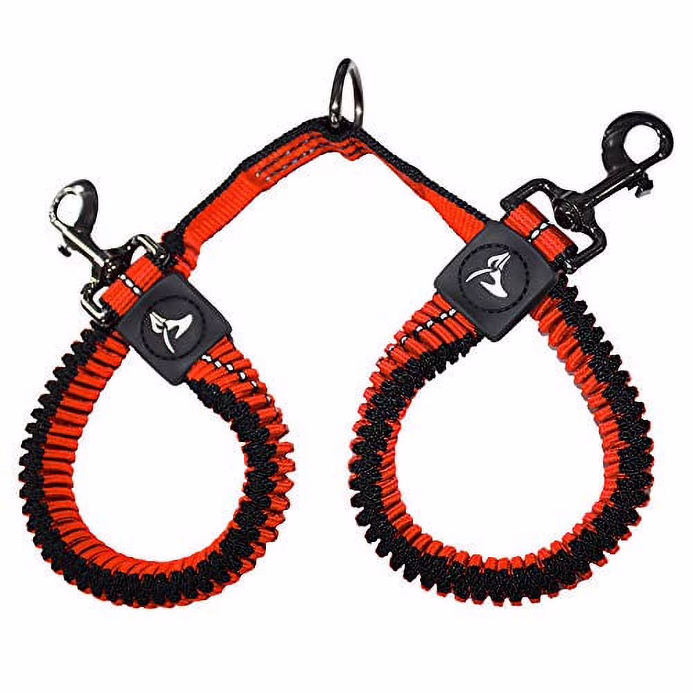 Kruz Double Dog Coupler - KZVX2-08L - Tangle Free Dog Walking and Training Dual Extension Coupler - Comfortable, Shock Absorbing - Reflective Bungee Coupler for Two Dogs - Orange - 1