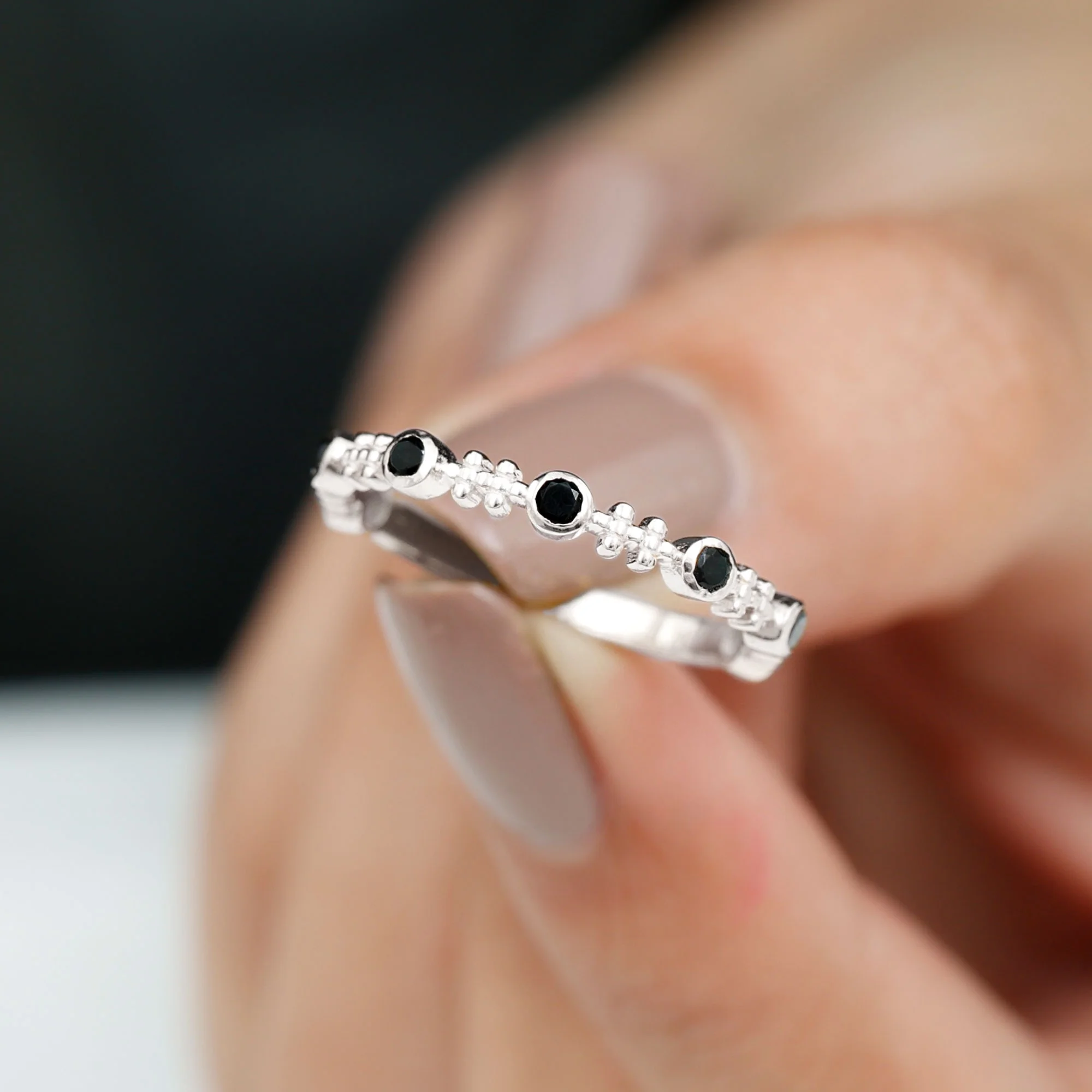 1/4 CT Bezel Set Black Diamond and Gold Beaded Stackable Ring, 925 Sterling Silver, US 4.00