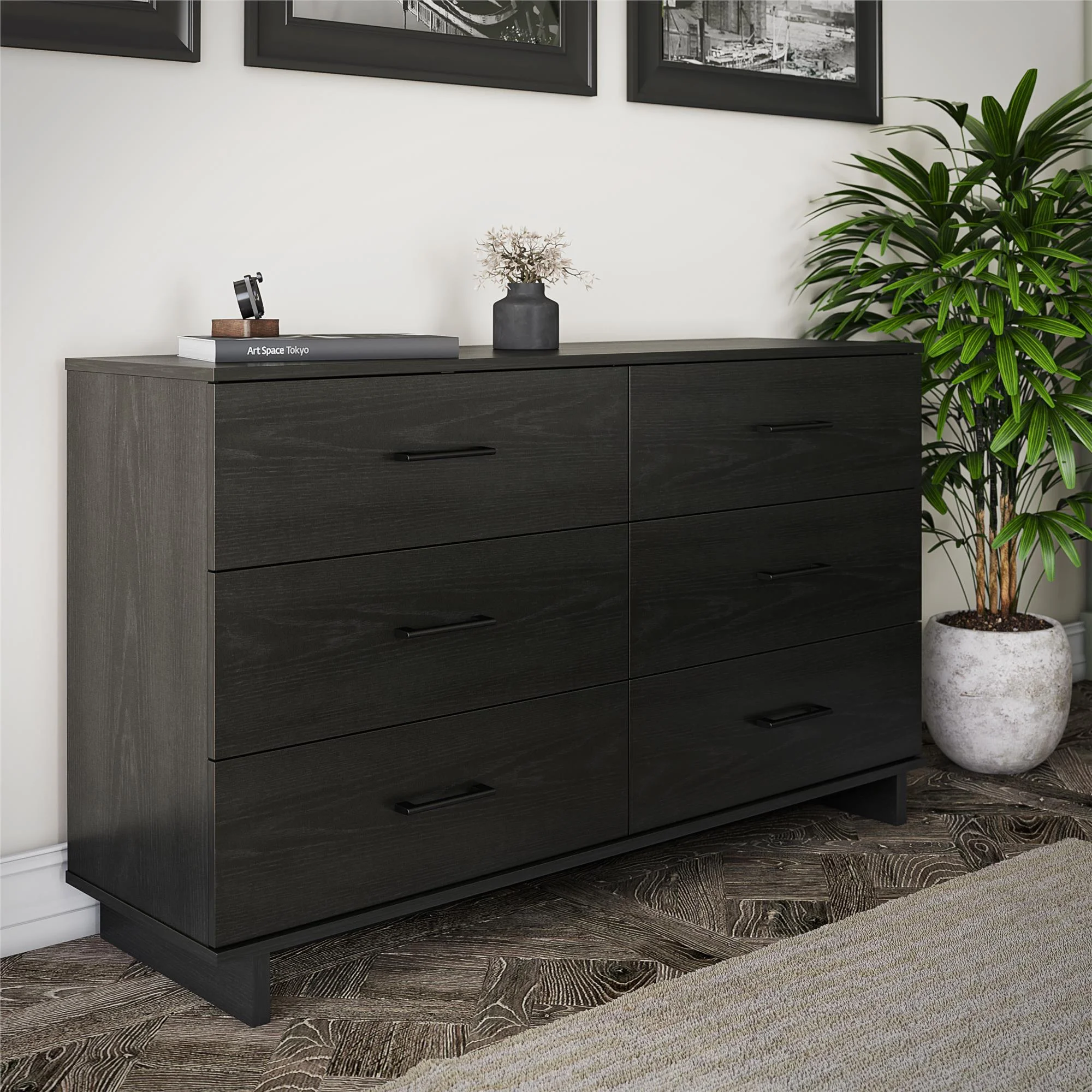 Ameriwood Home Southlander 6 Drawer Wide Dresser, Black Oak
