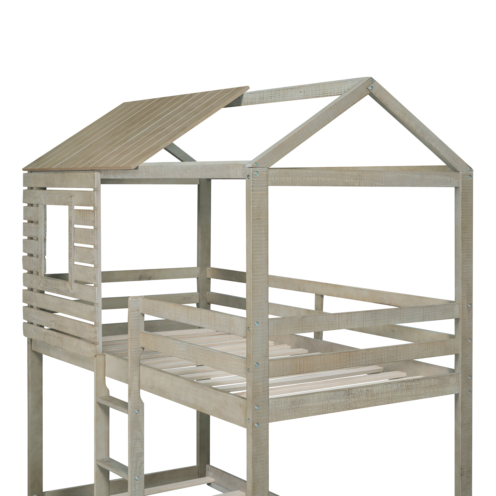 CoSoTower Twin Over Twin Bunk Bed Wood Loft Bed with Roof, Window, Guardrail, Ladder (Antique Gray )