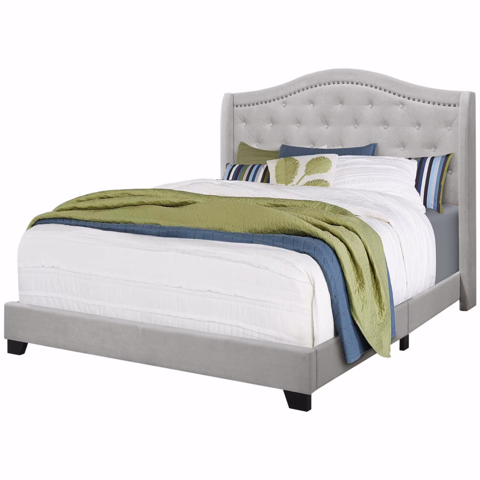 Monarch Specialties Bed - Queen Size, Dark Grey Velvet With Chrome Trim