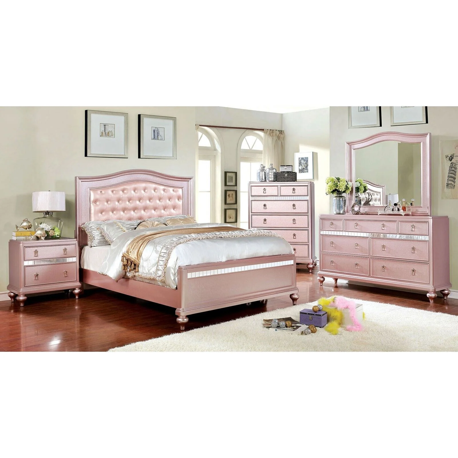 Contemporary Rose Gold Queen Size Bed 6pc Set Dresser Mirror Nightstand Chest Padded HB Tufted Bedroom Furniture Solid wood