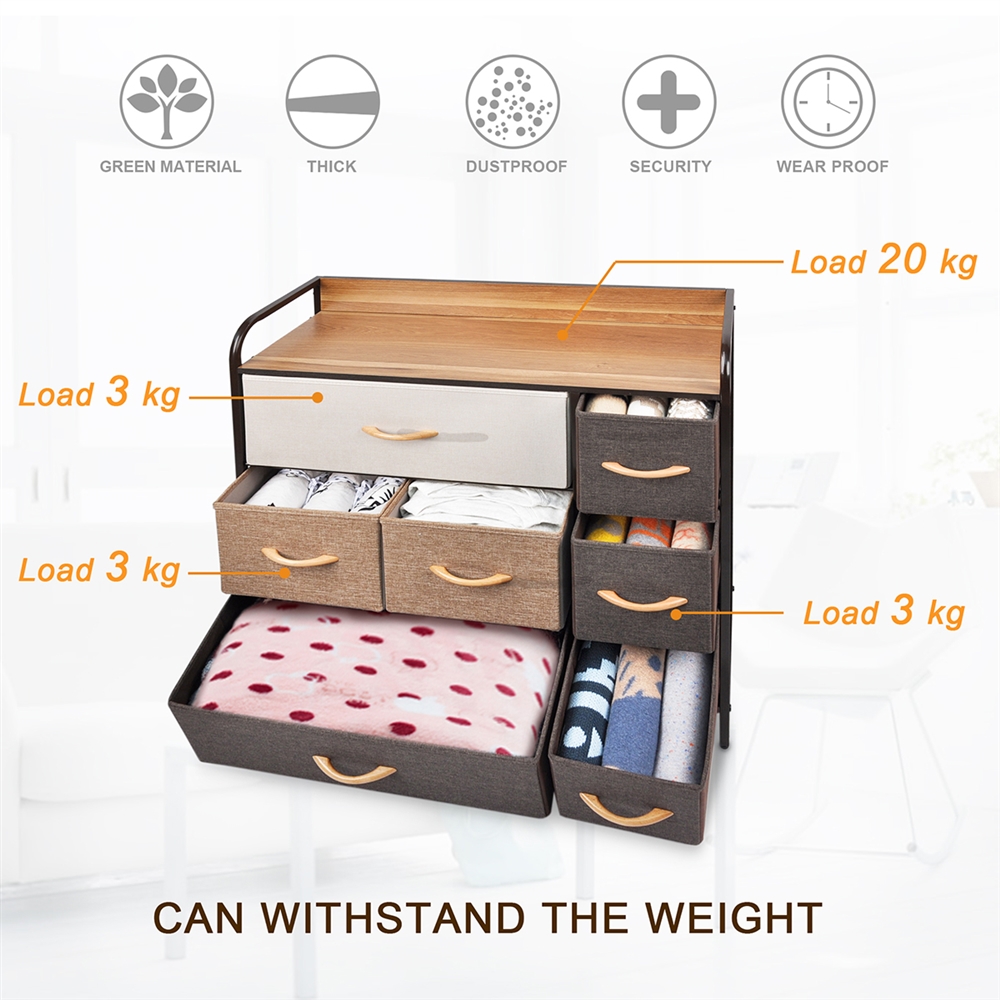 Bigroof Fabric Dresser Storage- Storage Tower with Large Capacity for Bedroom, Living Room & Closets - Steel Frame Wooden Top with Fabric Bins for Clothing Blankets Plush Toy